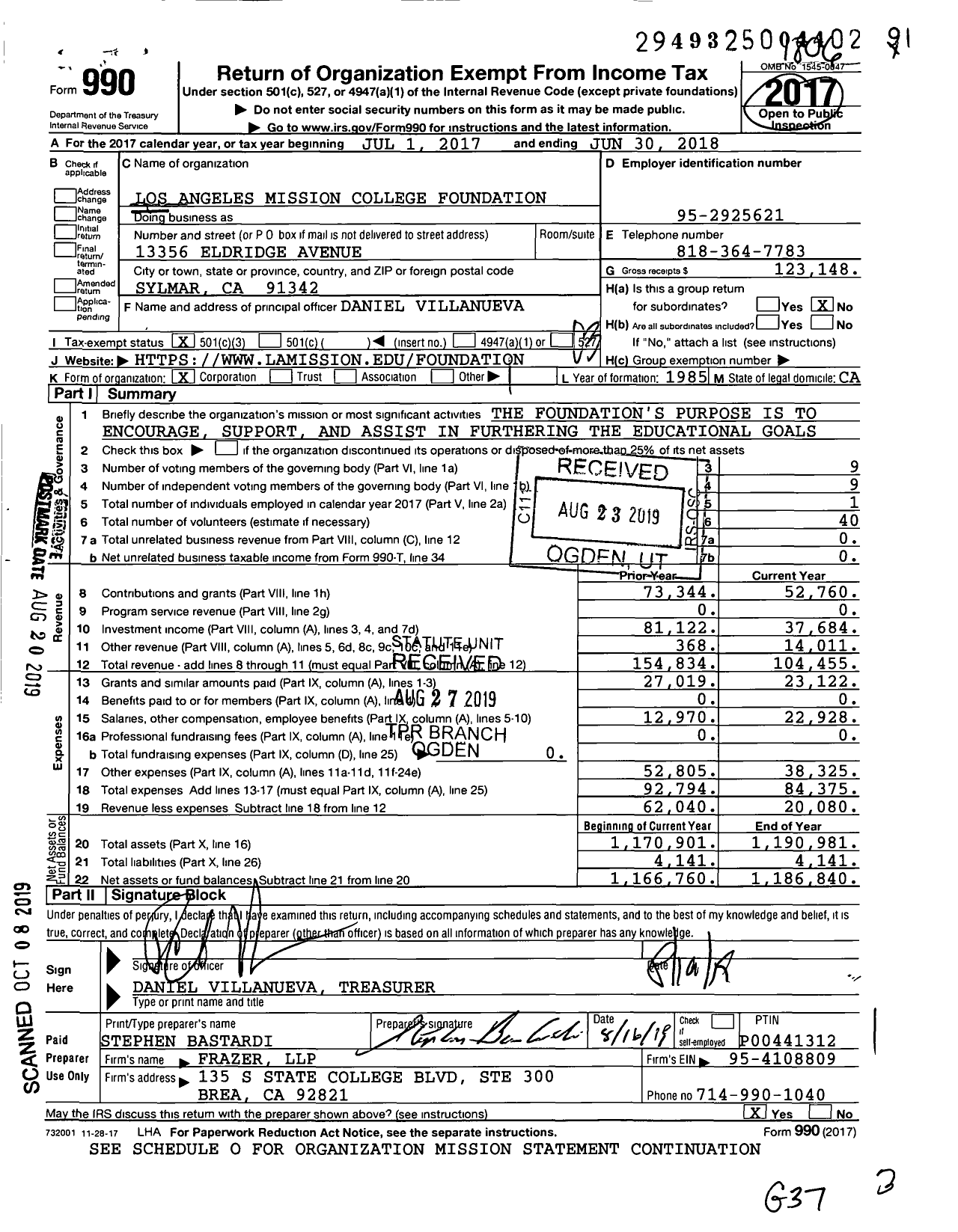 Image of first page of 2017 Form 990 for Los Angeles Mission College Foundation