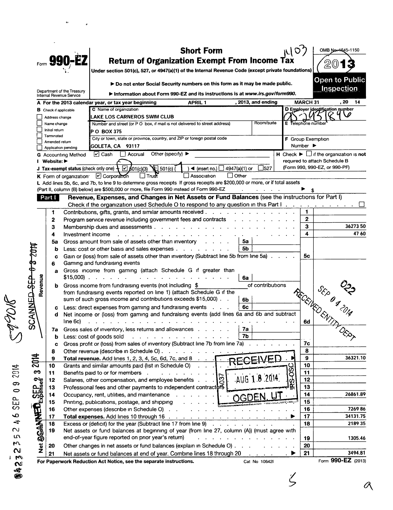 Image of first page of 2013 Form 990EO for Lake Los Carneros Swim Club