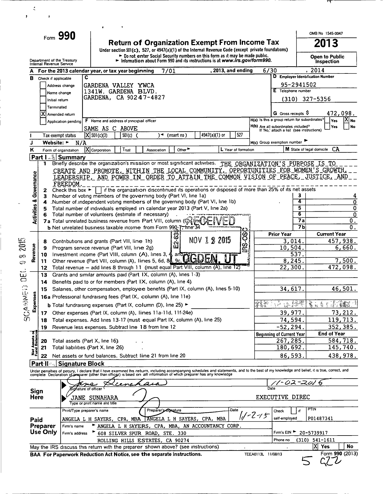 Image of first page of 2013 Form 990 for Gardena Valley Ywca