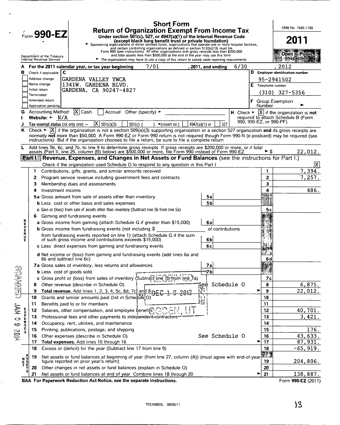 Image of first page of 2011 Form 990EZ for Gardena Valley Ywca