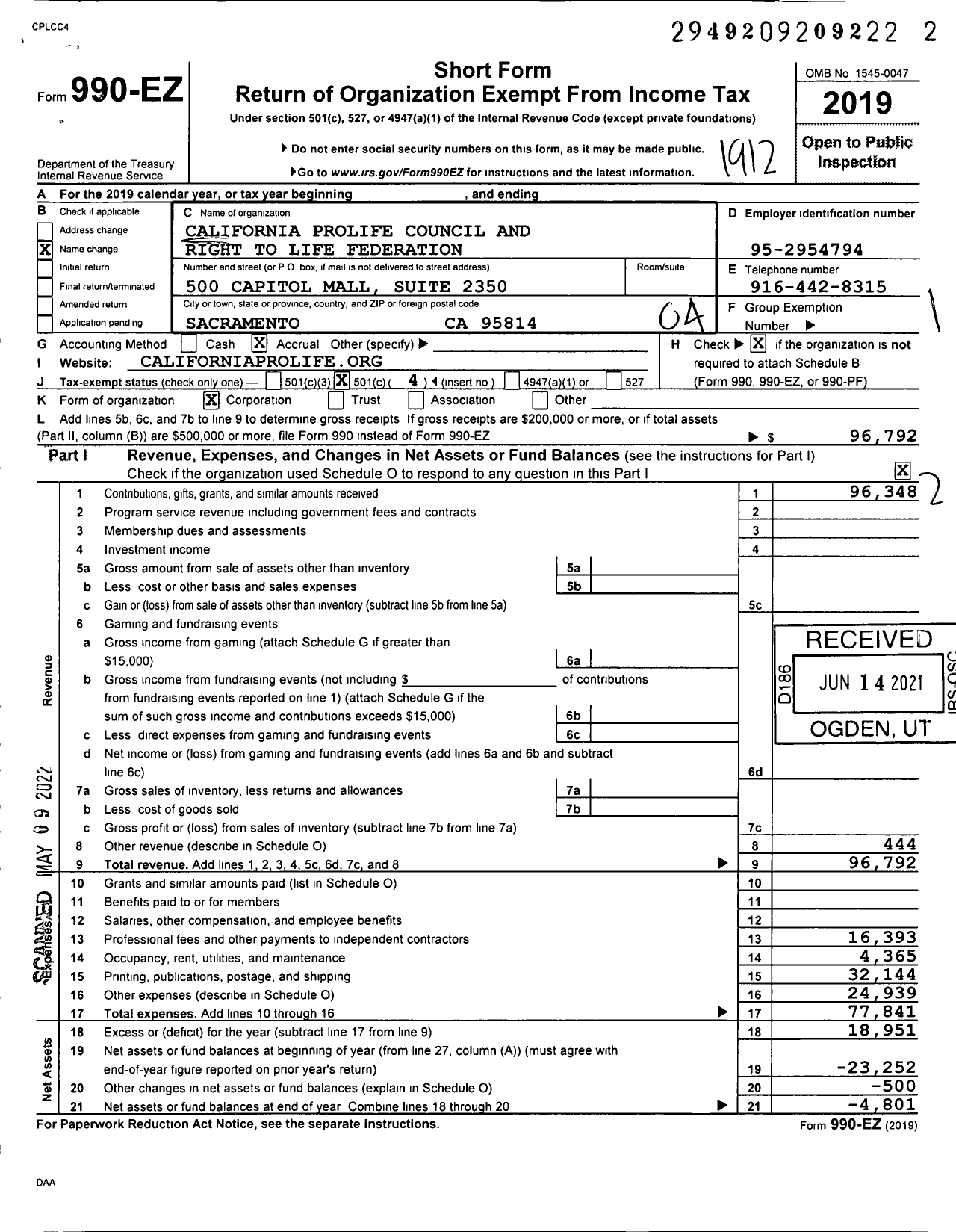 Image of first page of 2019 Form 990EO for California Prolife Council and Right To Life Federation