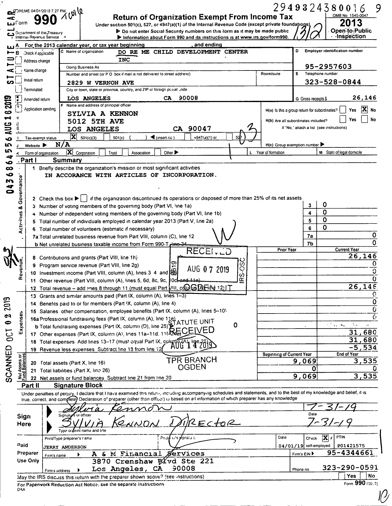 Image of first page of 2013 Form 990 for Do Re Me Child Development Center