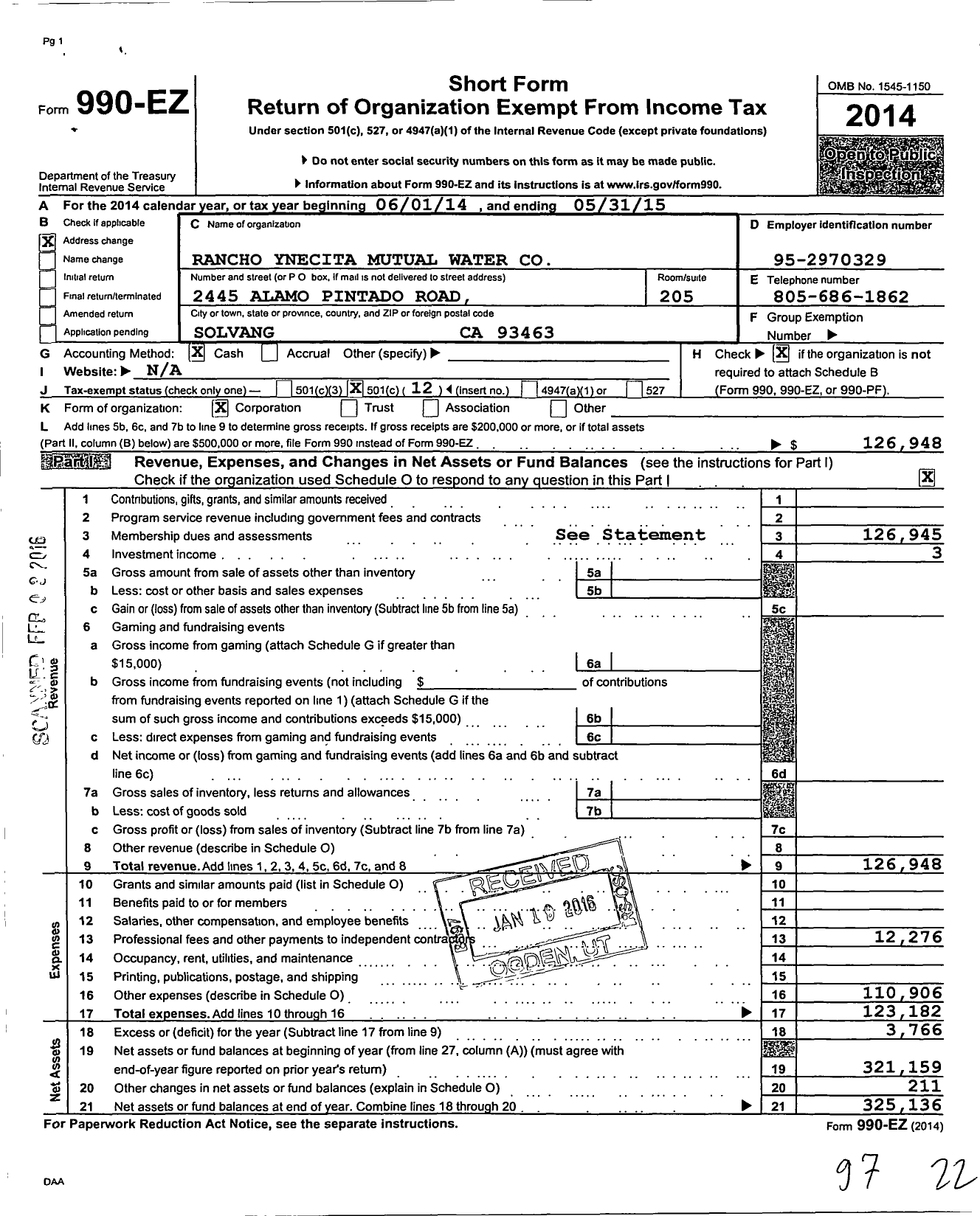 Image of first page of 2014 Form 990EO for Rancho Ynecita Mutual Water