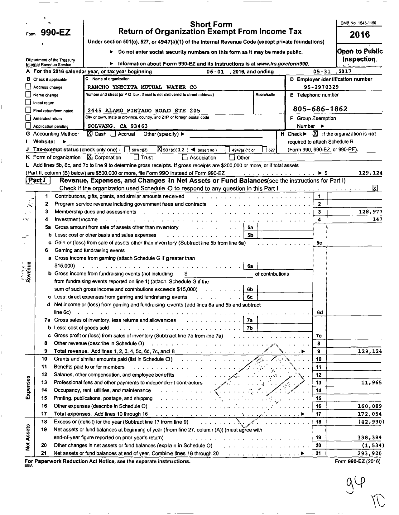 Image of first page of 2016 Form 990EO for Rancho Ynecita Mutual Water