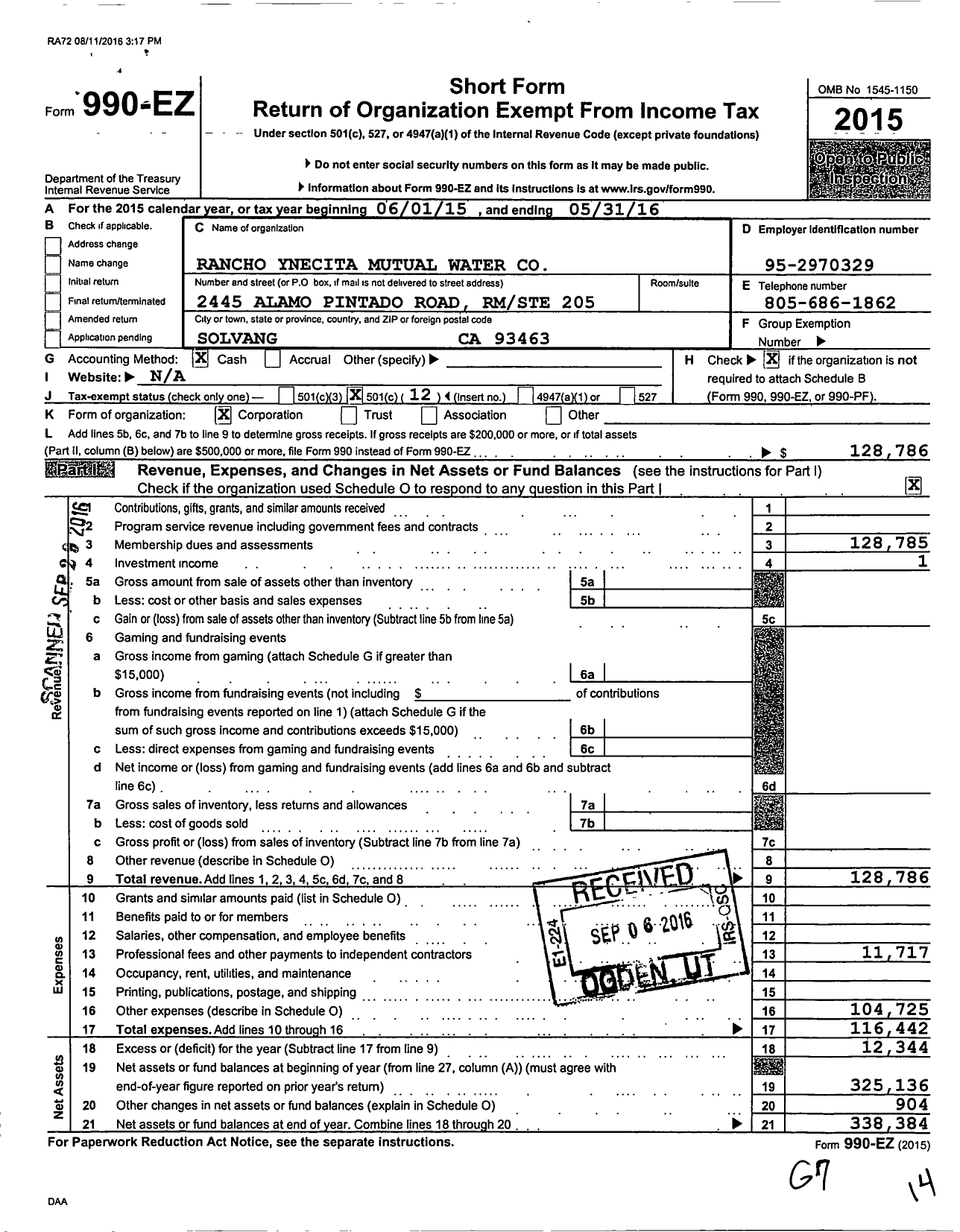 Image of first page of 2015 Form 990EO for Rancho Ynecita Mutual Water