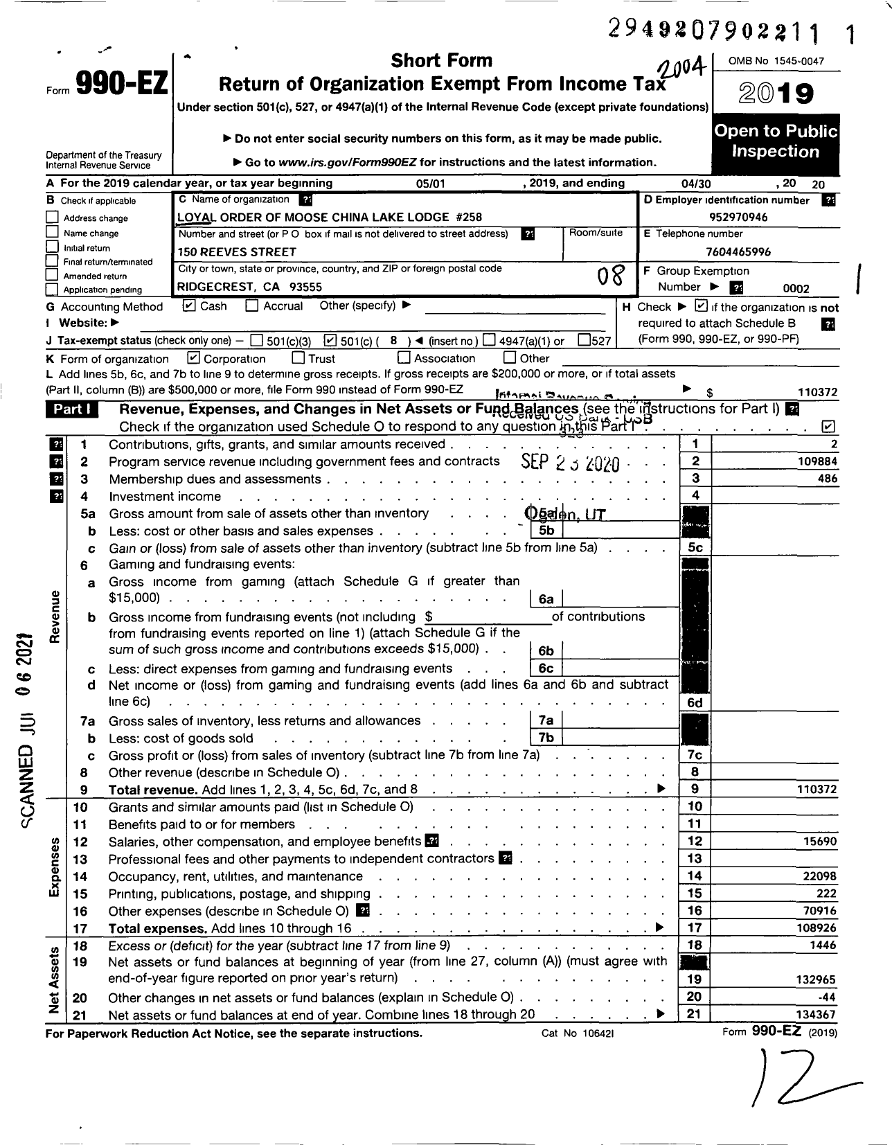 Image of first page of 2019 Form 990EO for China Lake Moose Lodge 258