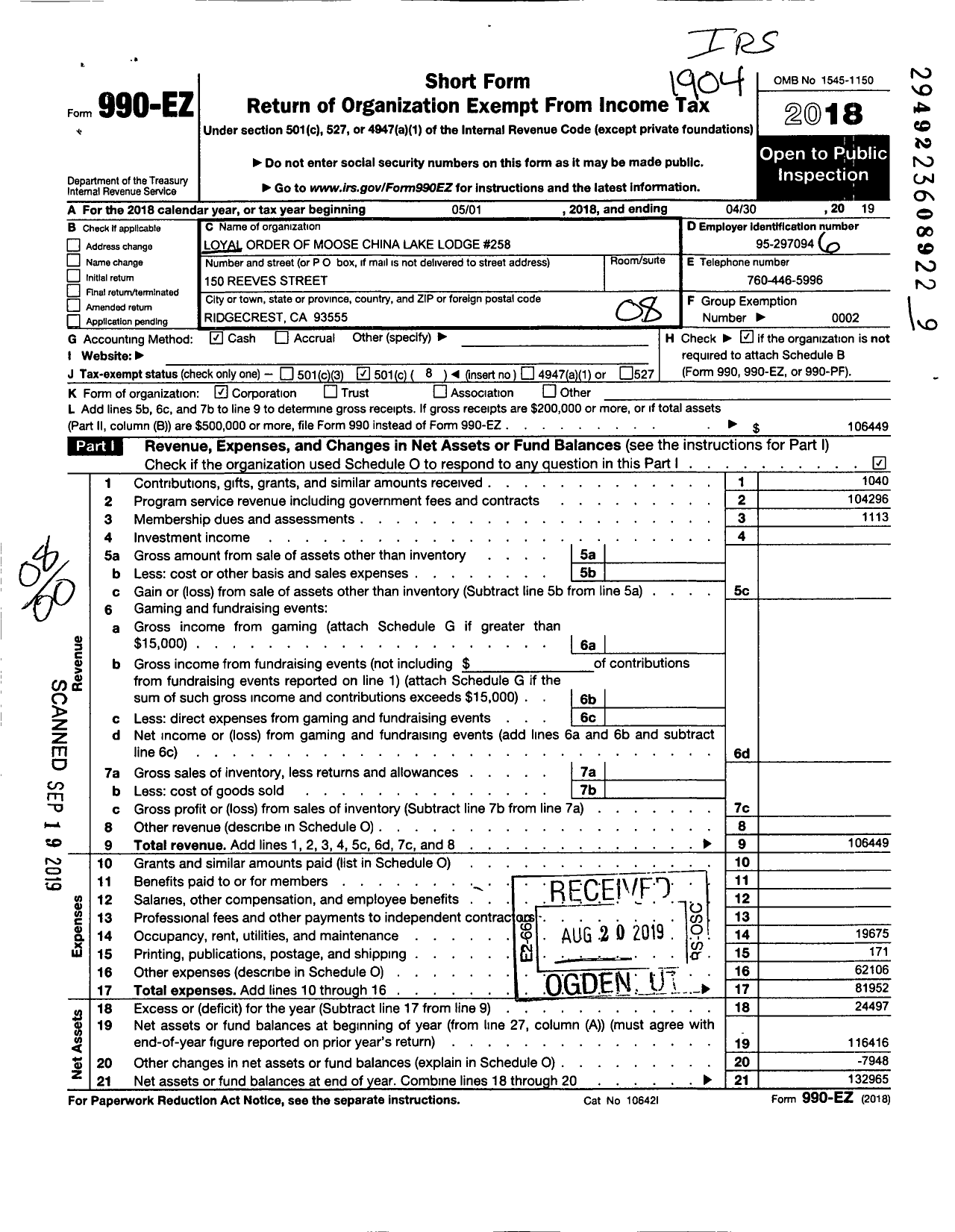 Image of first page of 2018 Form 990EO for China Lake Moose Lodge 258