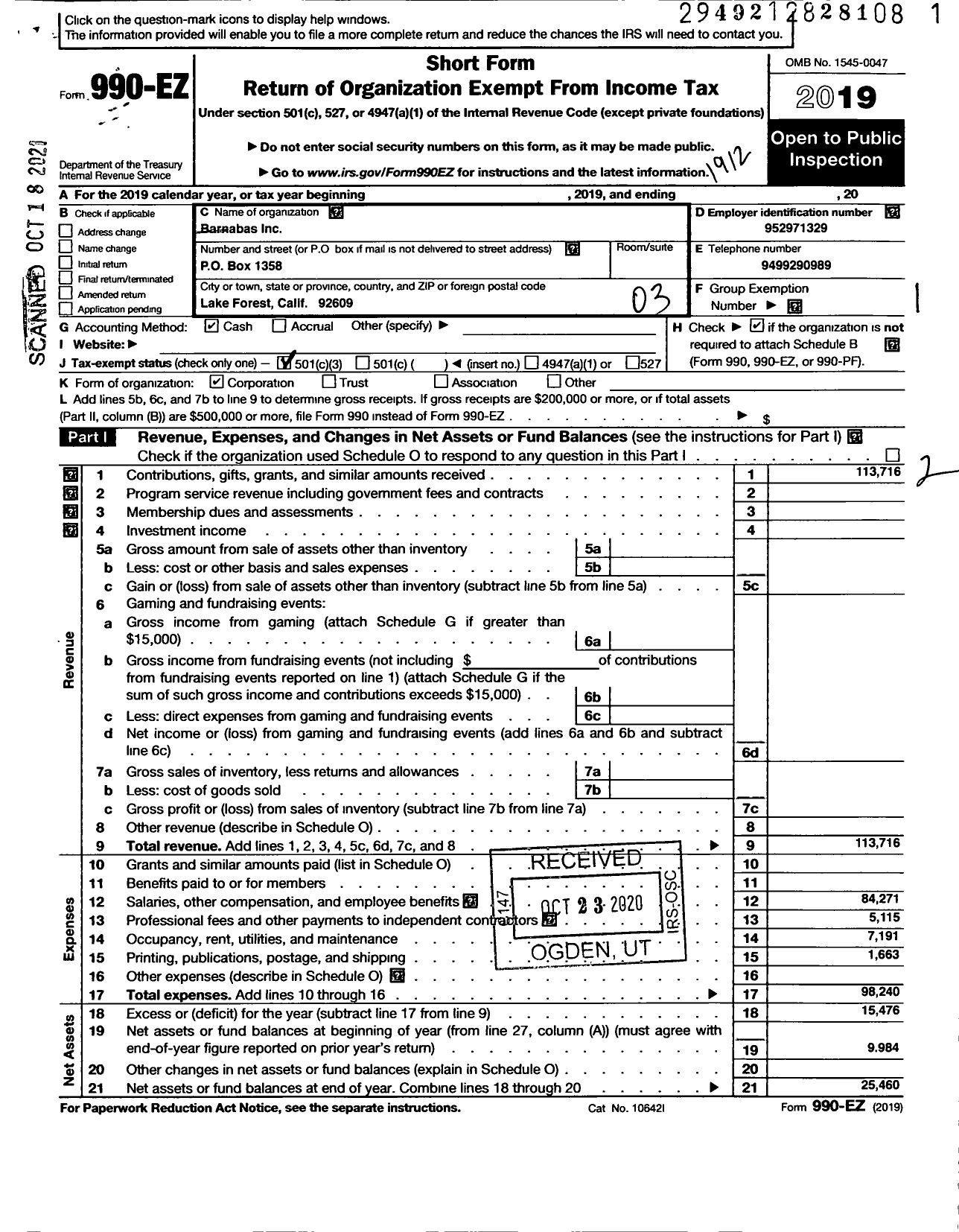 Image of first page of 2019 Form 990EZ for Barnabas