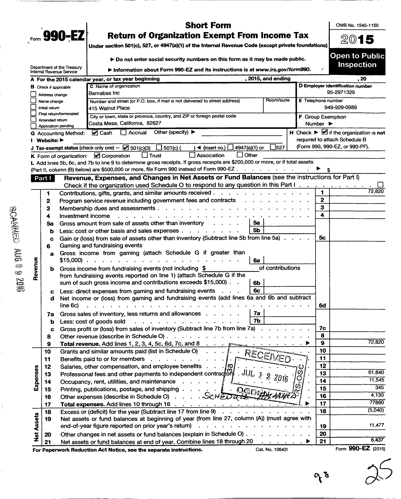 Image of first page of 2015 Form 990EZ for Barnabas