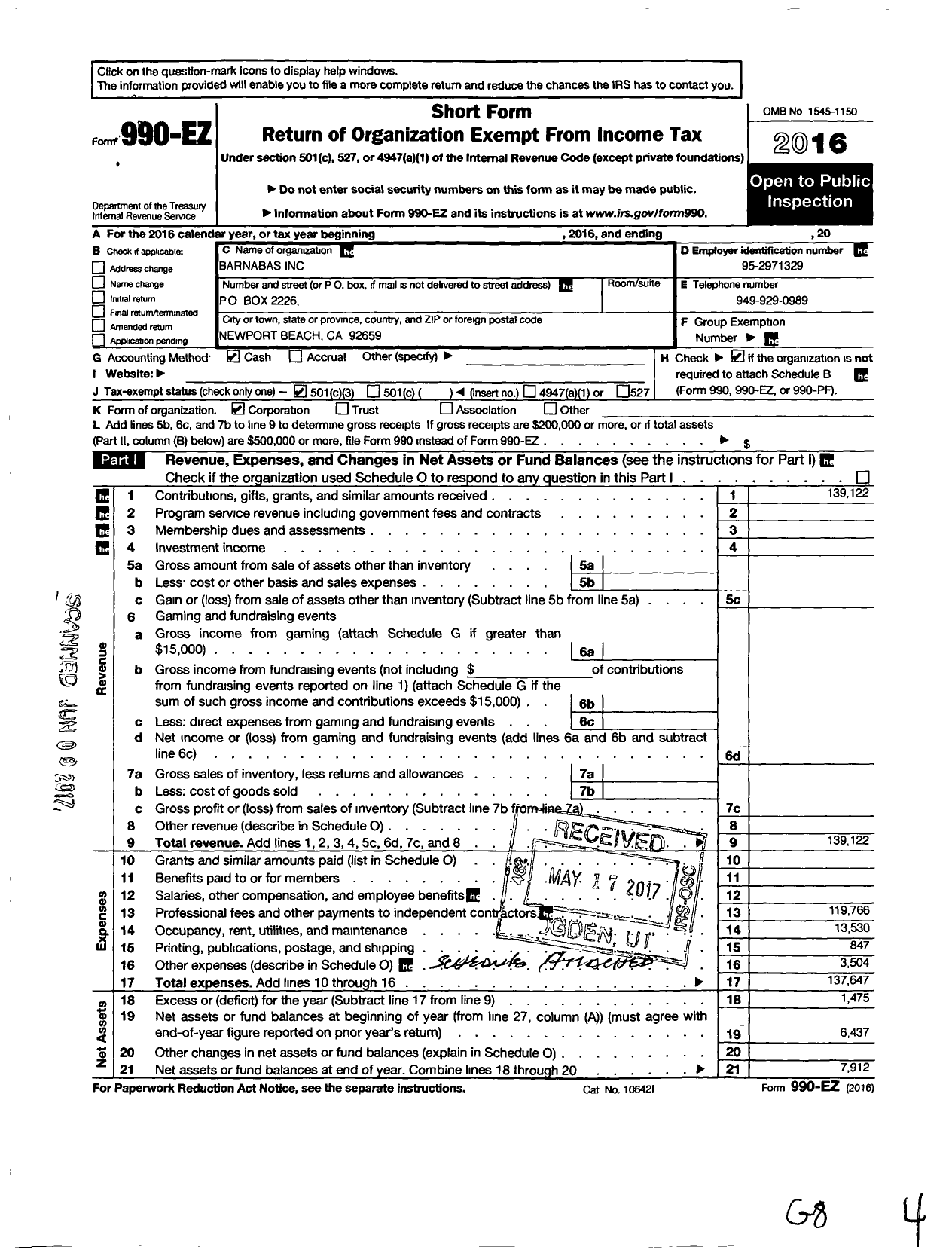 Image of first page of 2016 Form 990EZ for Barnabas