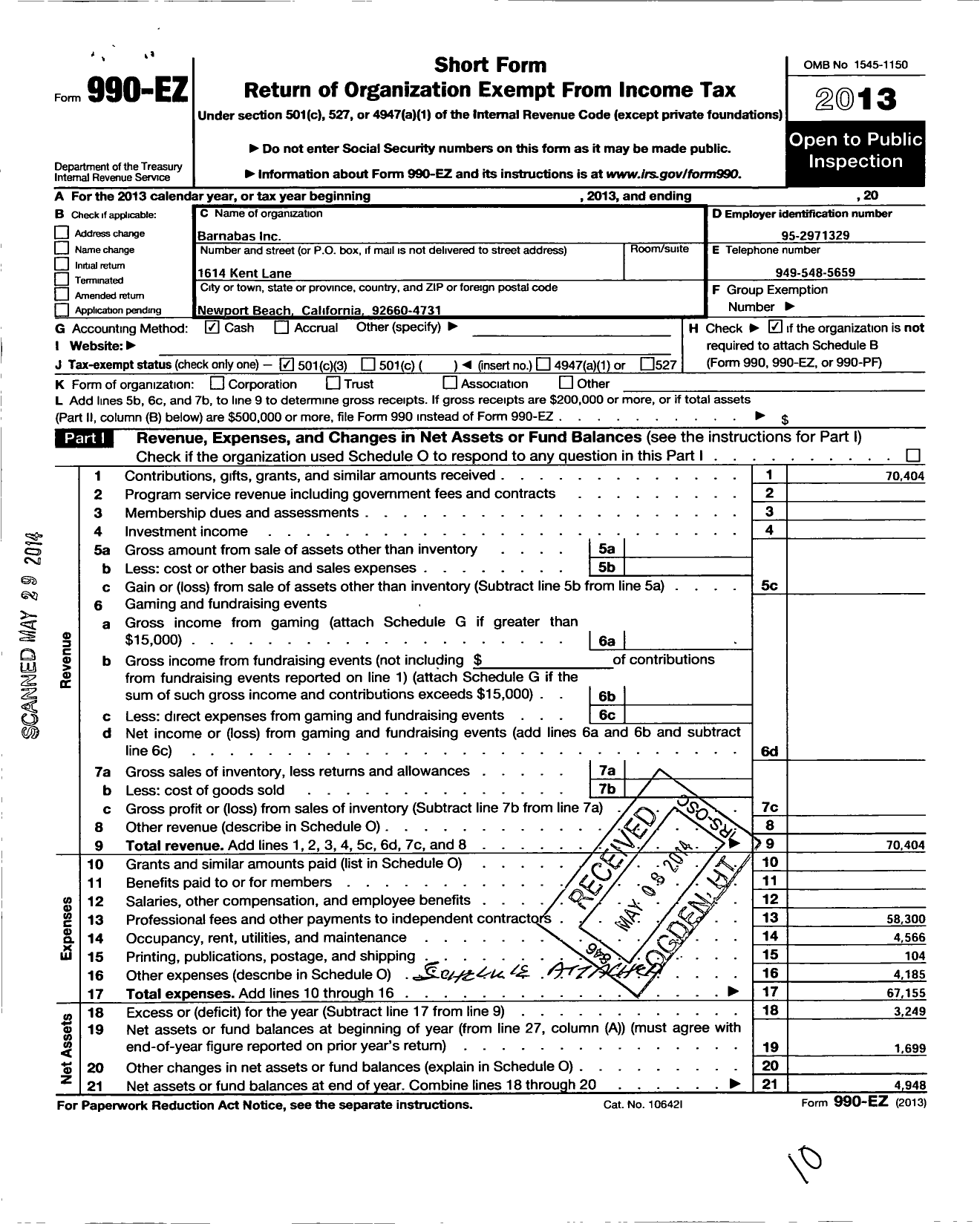 Image of first page of 2013 Form 990EZ for Barnabas