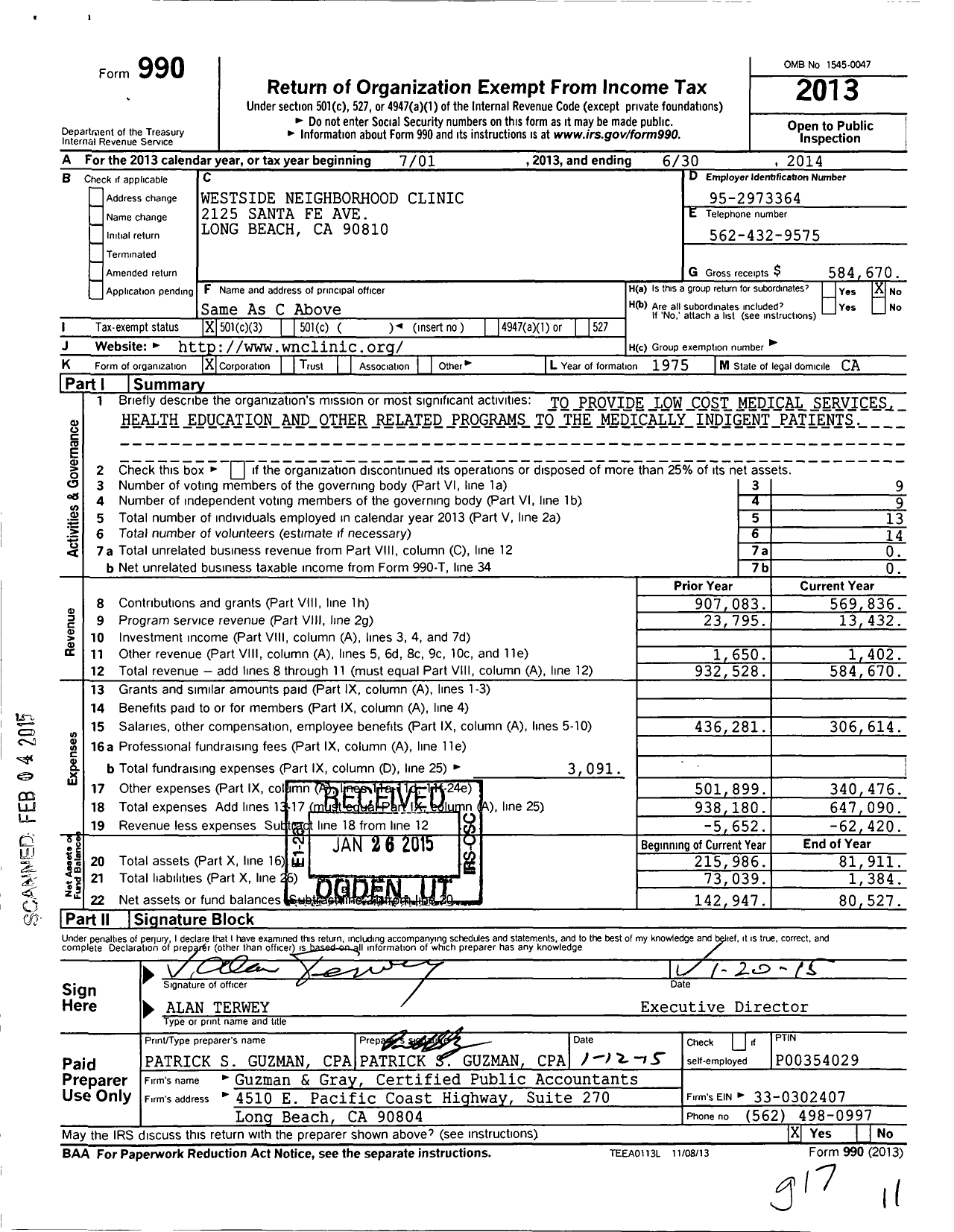 Image of first page of 2013 Form 990 for Westside Neighborhood Clinic