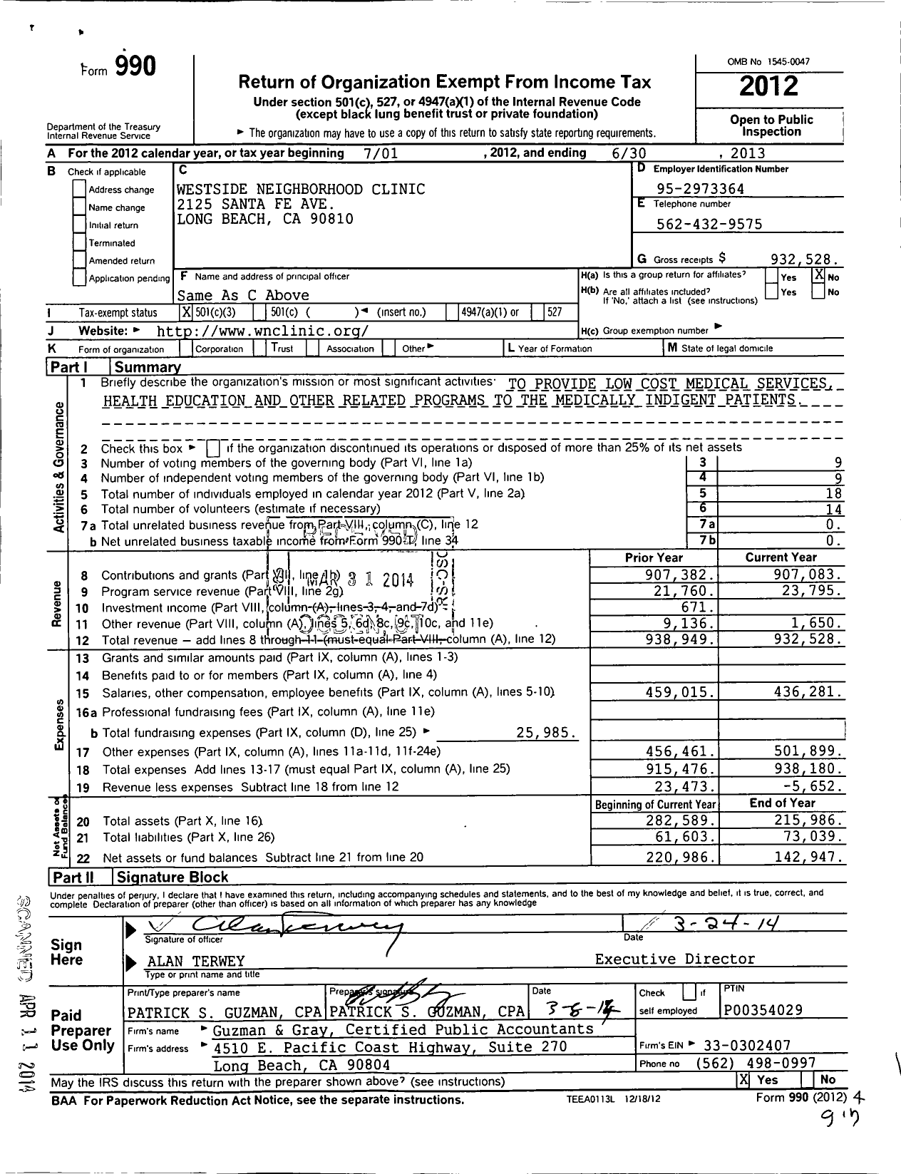 Image of first page of 2012 Form 990 for Westside Neighborhood Clinic