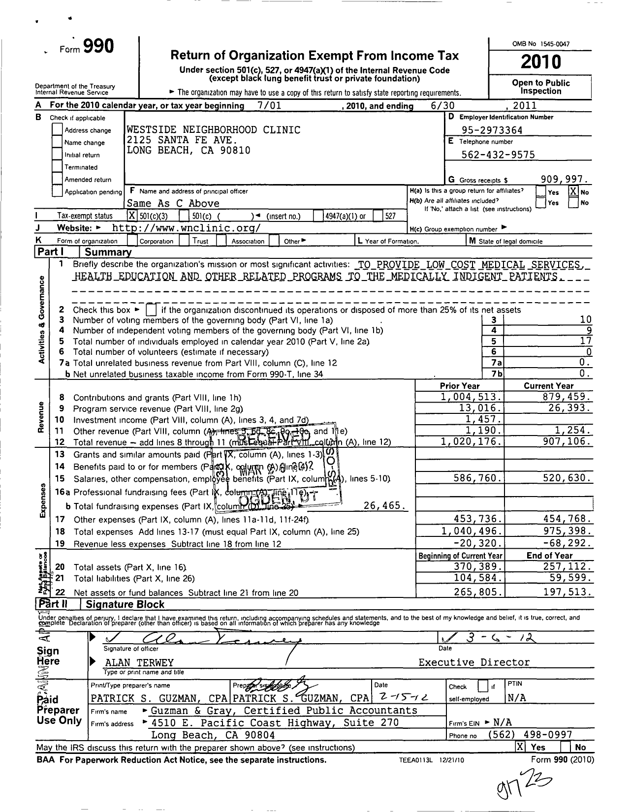 Image of first page of 2010 Form 990 for Westside Neighborhood Clinic