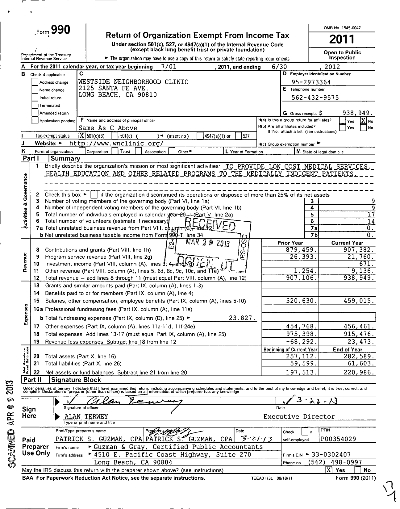 Image of first page of 2011 Form 990 for Westside Neighborhood Clinic