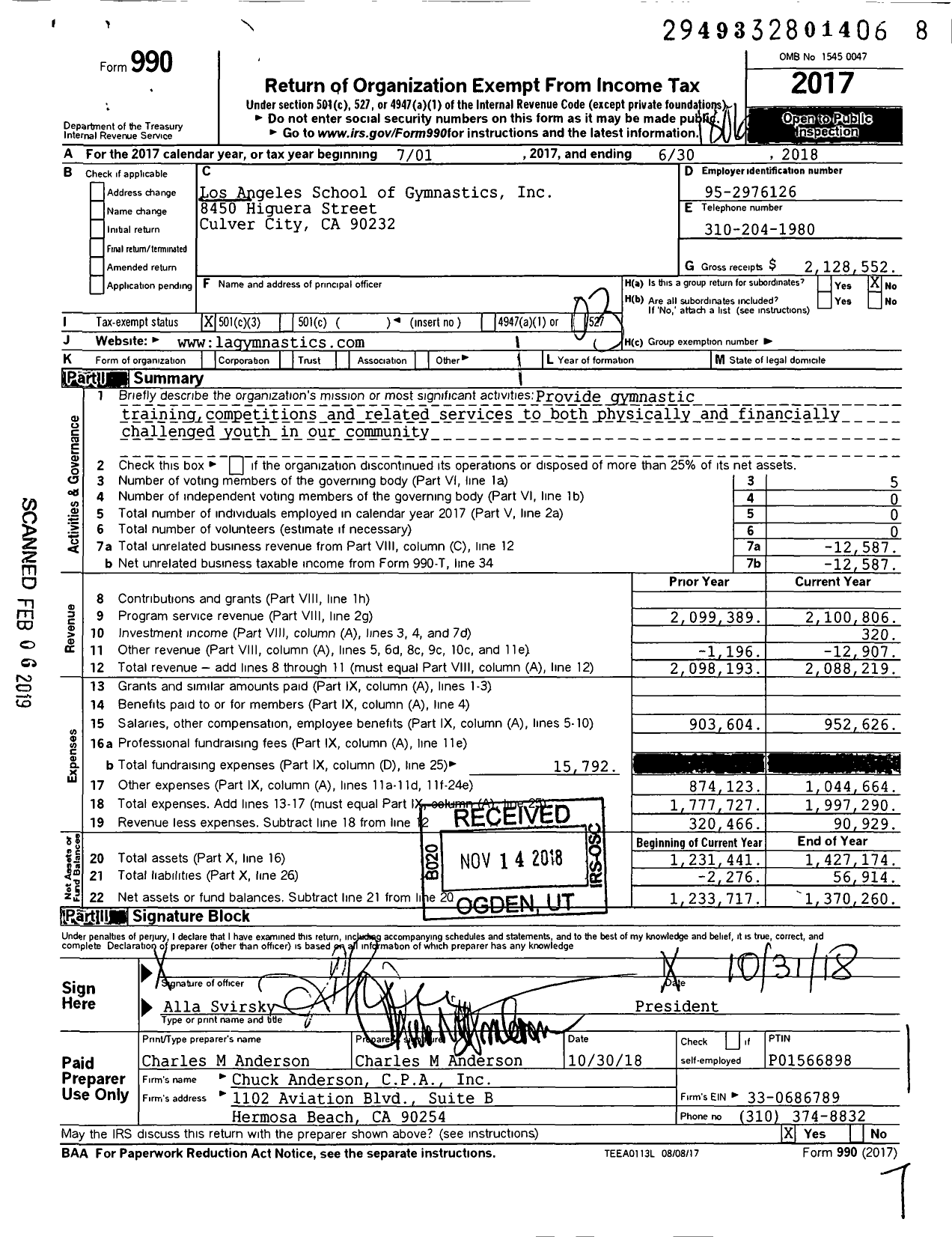 Image of first page of 2017 Form 990 for Los Angeles School of Gymnastic