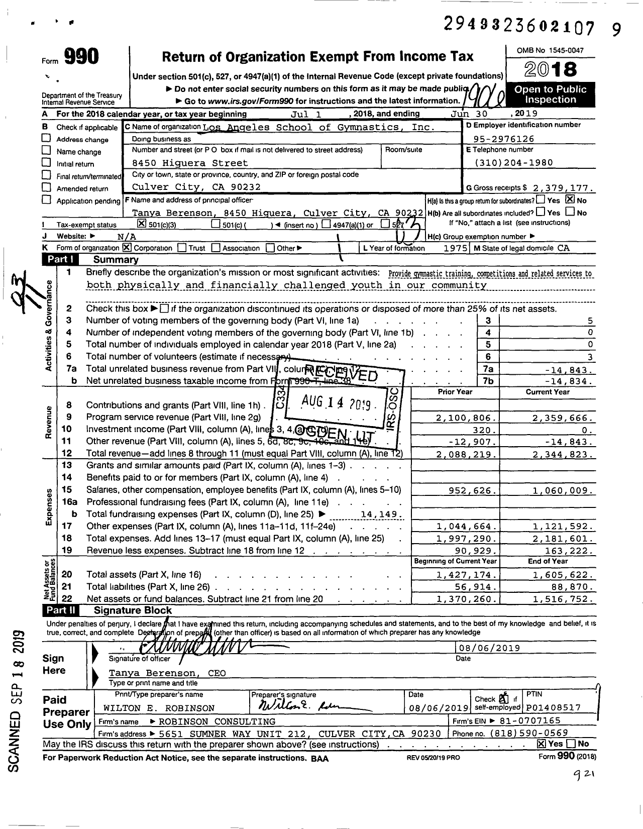 Image of first page of 2018 Form 990 for Los Angeles School of Gymnastic