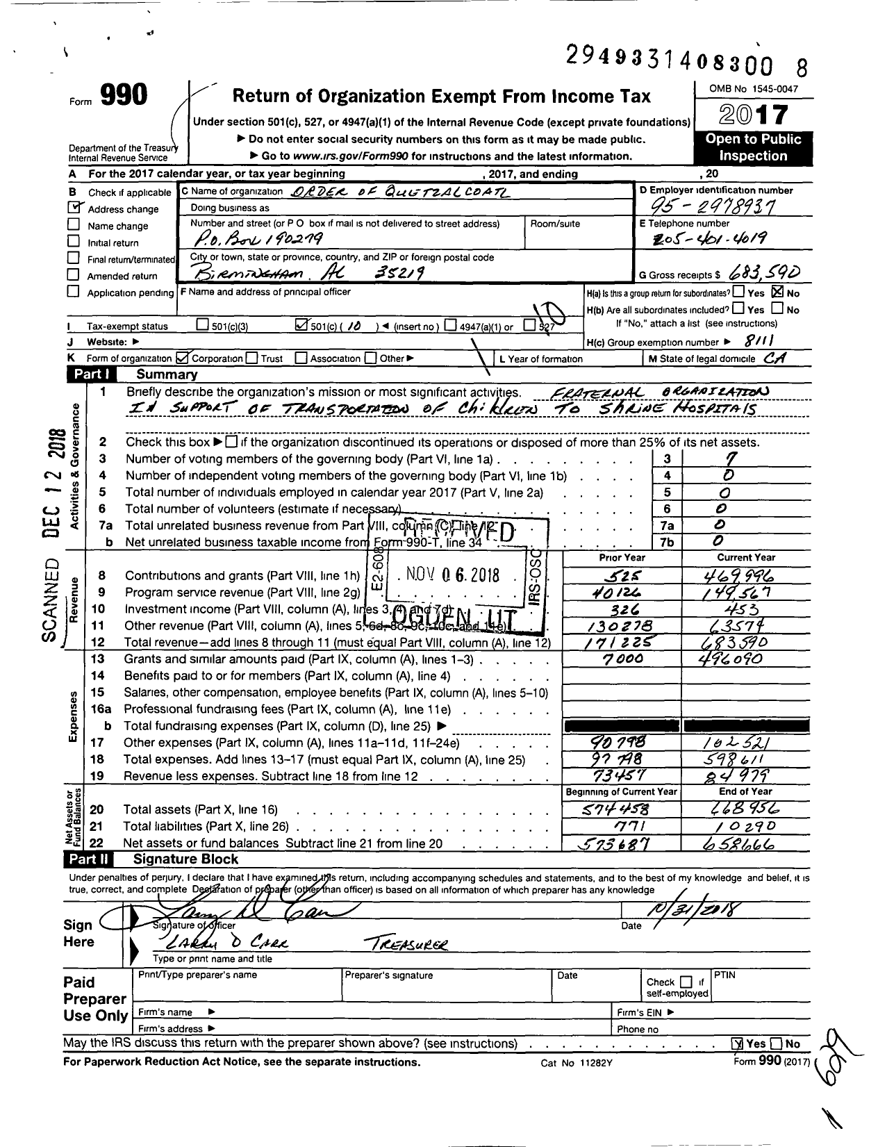 Image of first page of 2017 Form 990O for Order of Quetzalcoatl