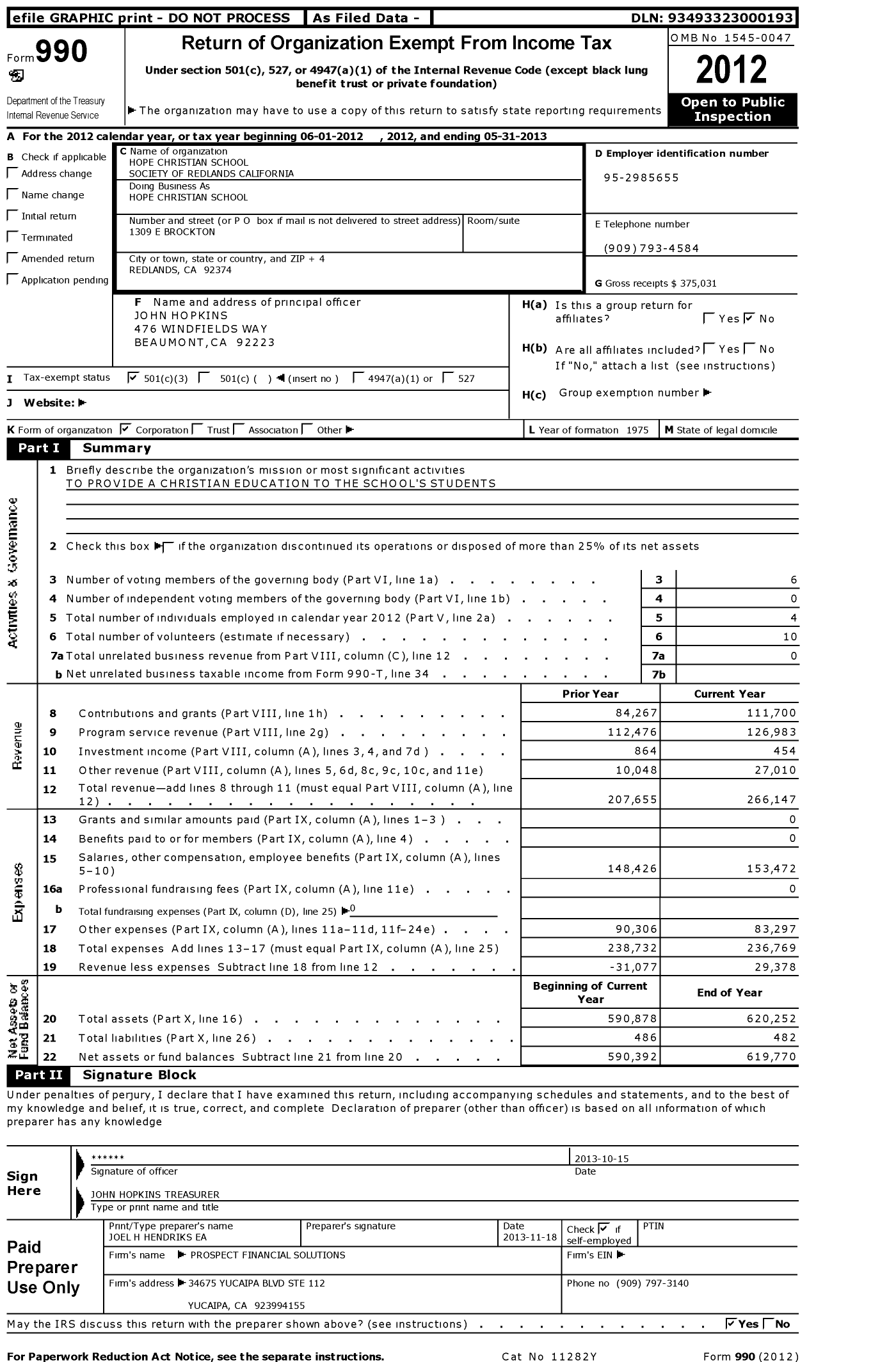 Image of first page of 2012 Form 990 for Hope Christian School Society of Redlands California