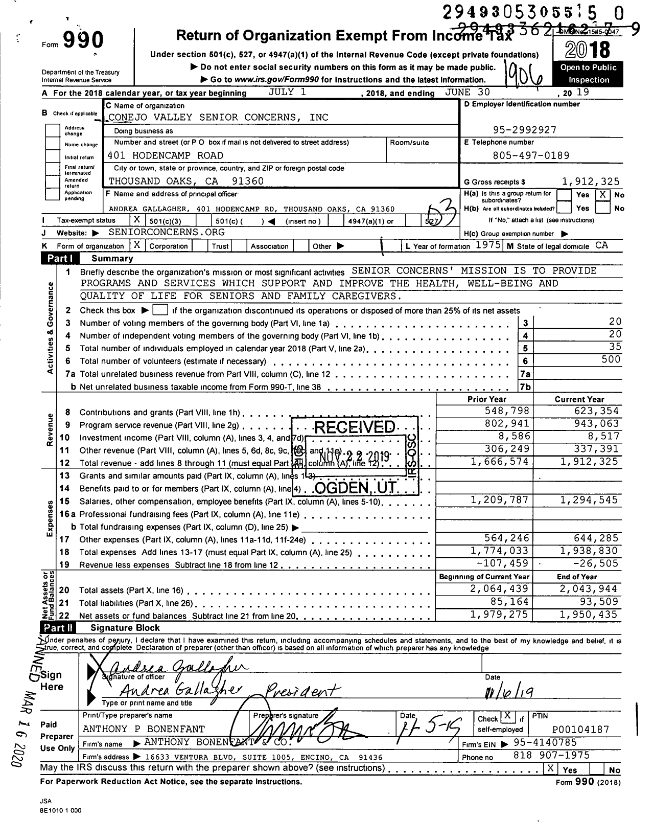 Image of first page of 2018 Form 990 for Conejo Valley Senior Concerns