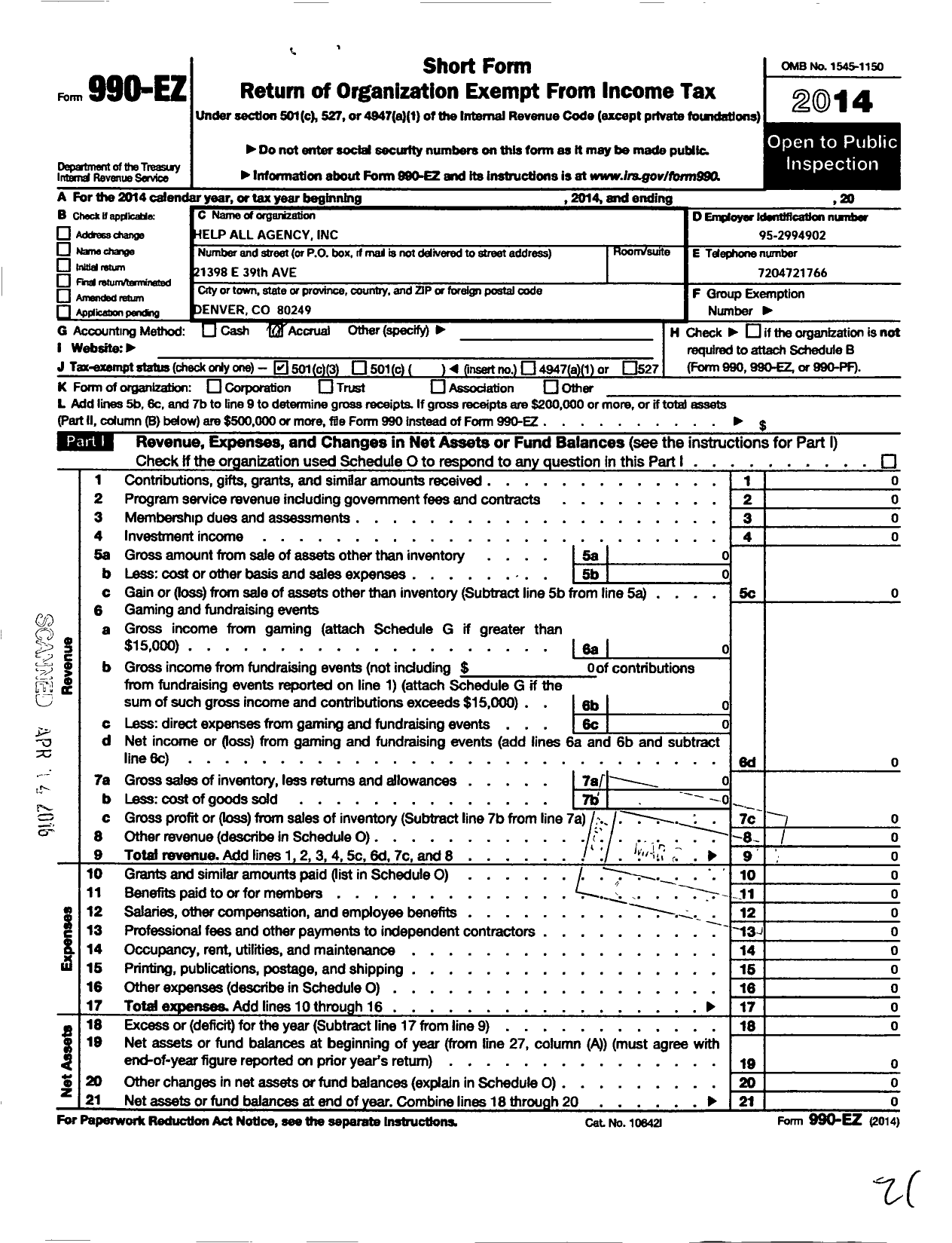 Image of first page of 2014 Form 990EZ for Help All Agency