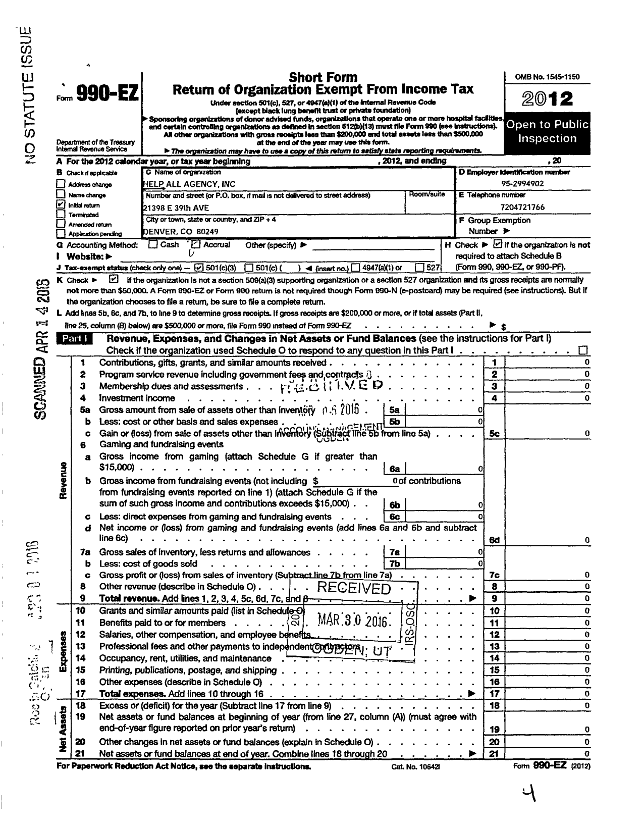 Image of first page of 2012 Form 990EZ for Help All Agency