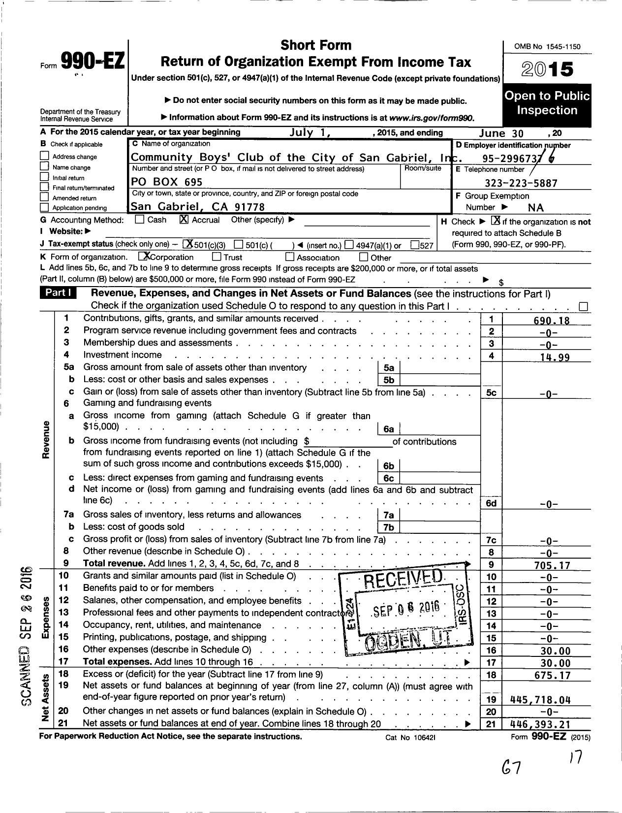 Image of first page of 2014 Form 990EZ for Community Boys Club of the City of San Gabriel