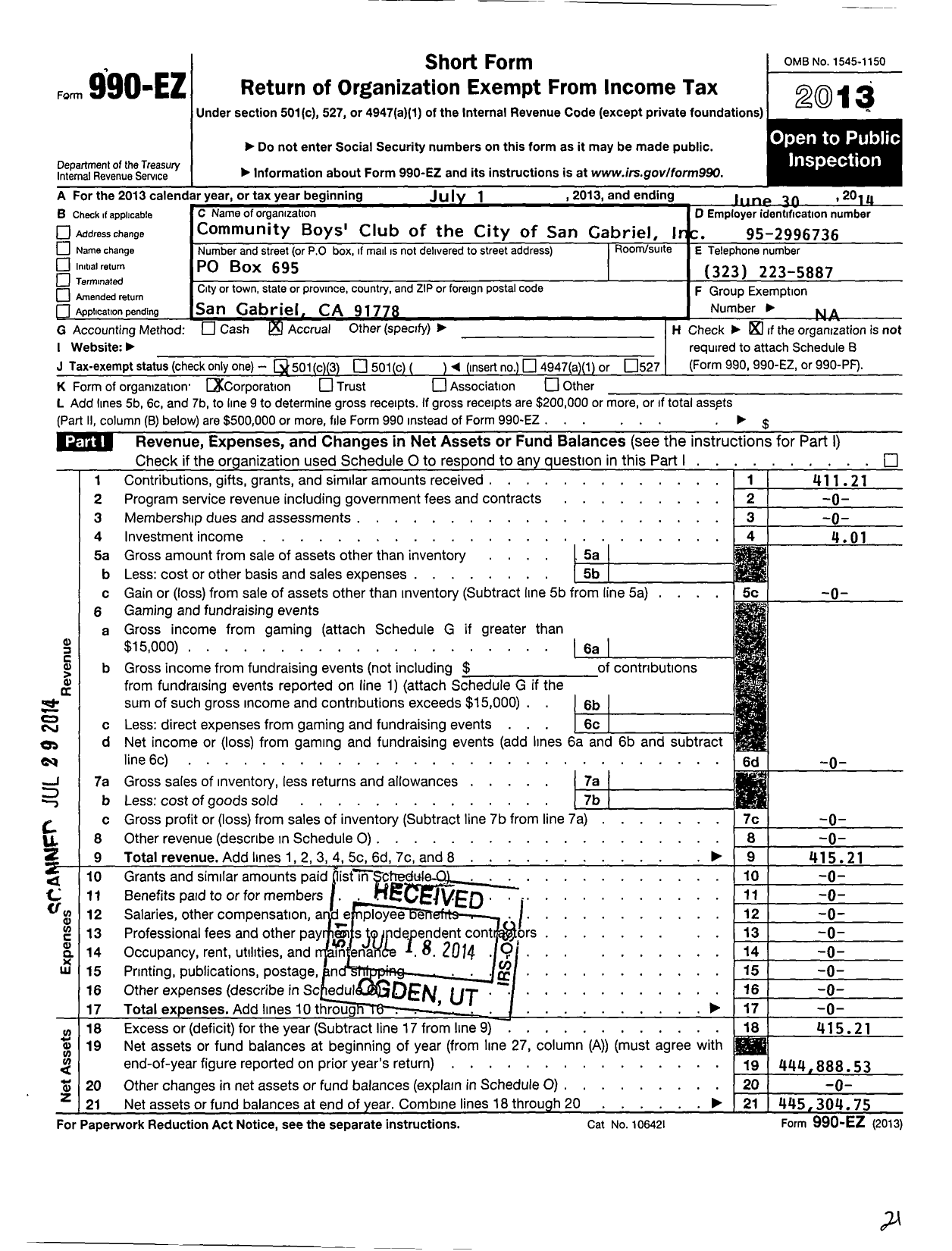 Image of first page of 2013 Form 990EZ for Community Boys Club of the City of San Gabriel