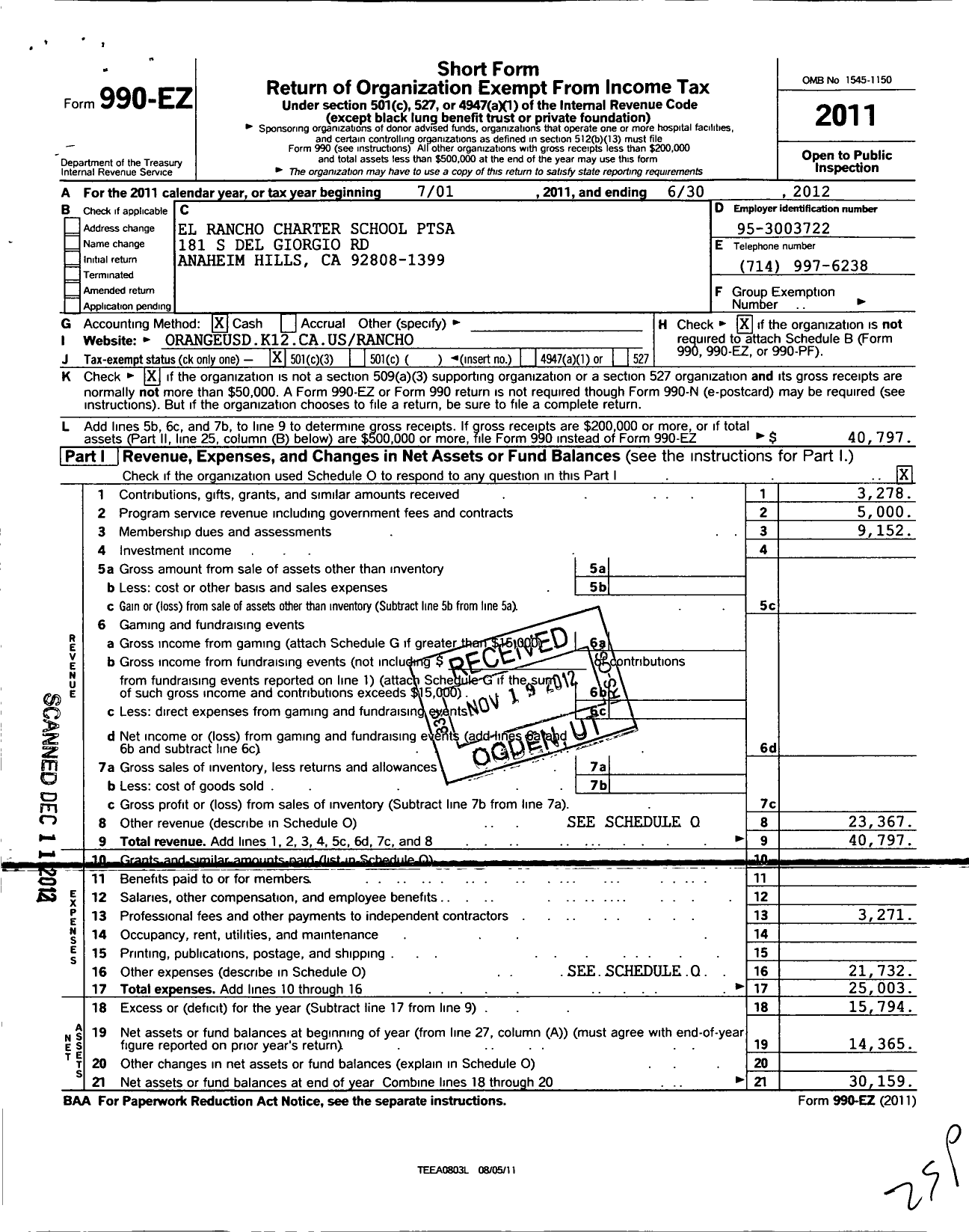 Image of first page of 2011 Form 990EZ for California State PTA - El Rancho Charter School Ptsa