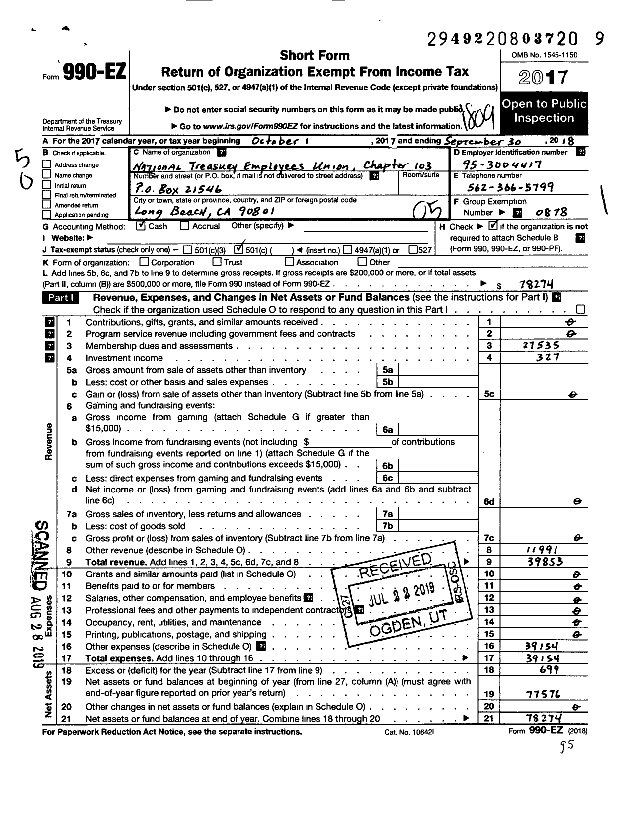 Image of first page of 2017 Form 990EO for National Treasury Employees Union - 103 Nteu