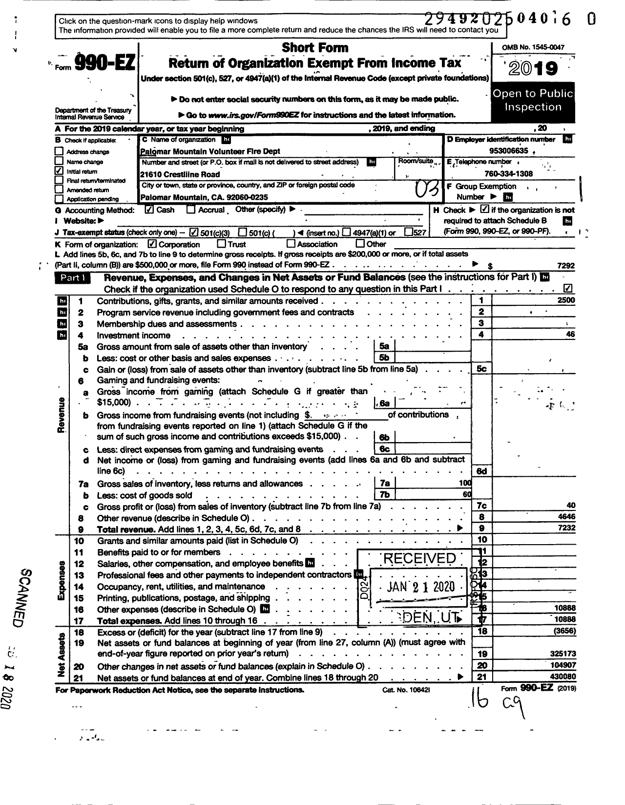 Image of first page of 2019 Form 990EZ for Palomar Mountain Volunteer Fire Department