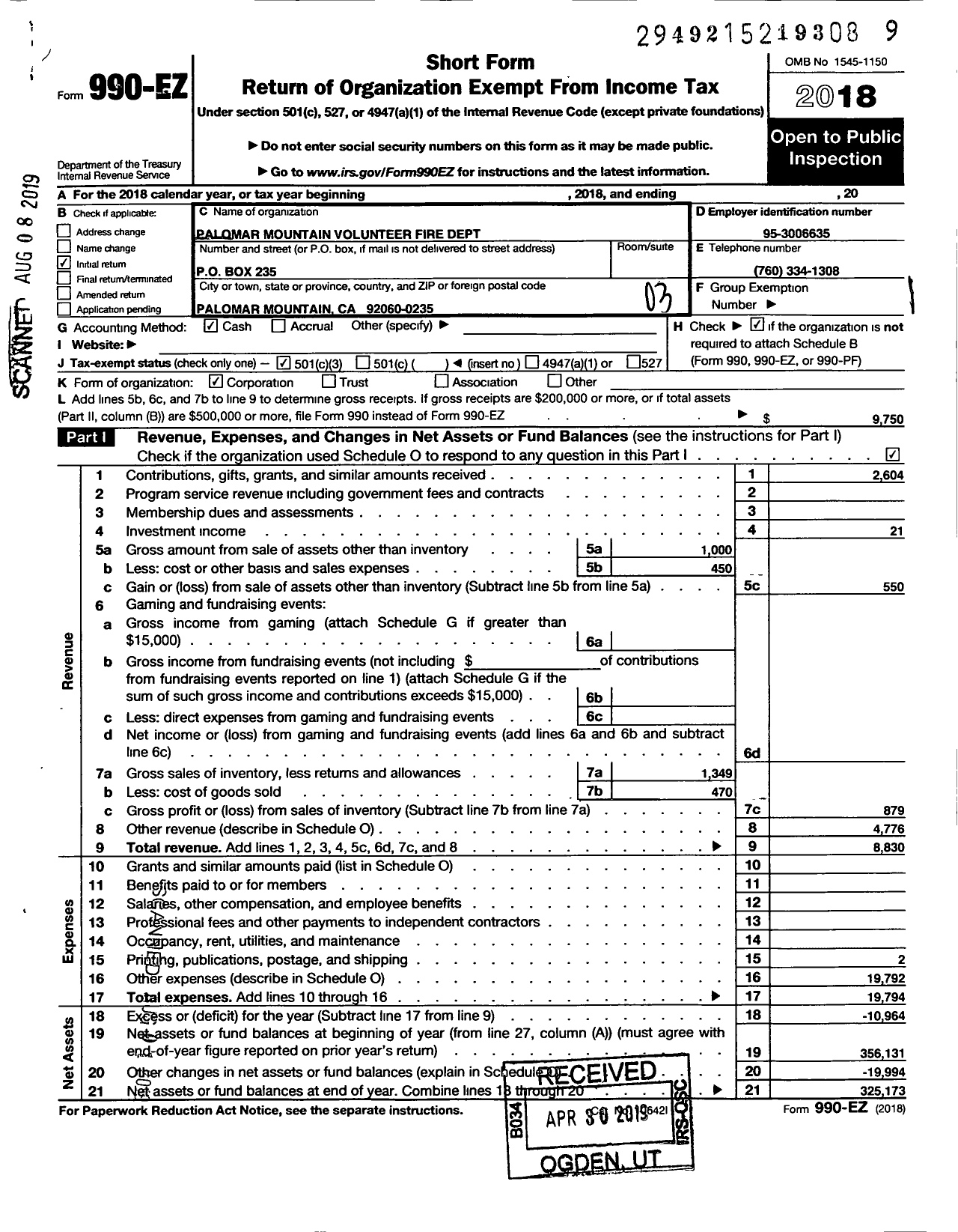 Image of first page of 2018 Form 990EZ for Palomar Mountain Volunteer Fire Department