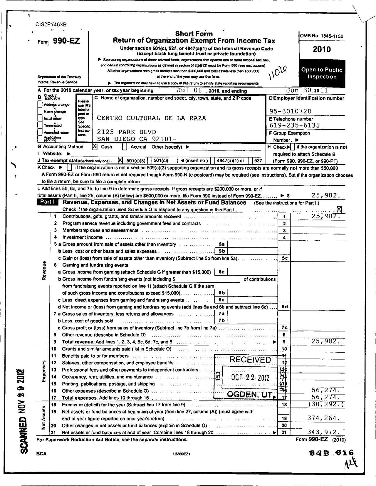 Image of first page of 2010 Form 990EZ for Centro Cultural de La Raza Incorporated