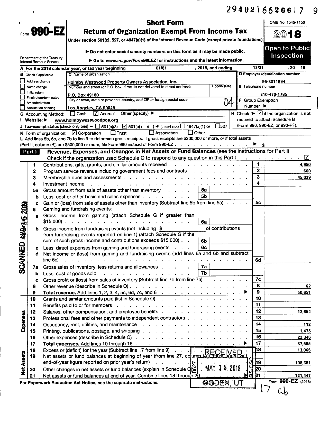 Image of first page of 2018 Form 990EO for Holmby Westwood Property Owners Association