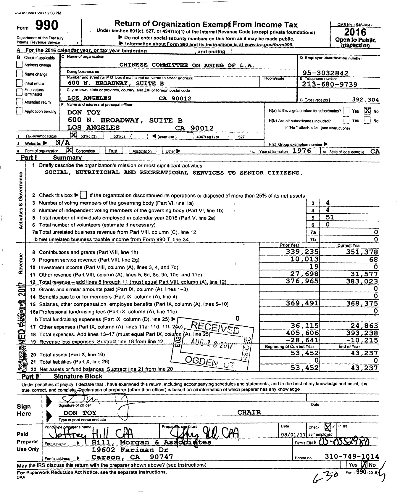 Image of first page of 2016 Form 990 for Chinese Committee on Again of L A