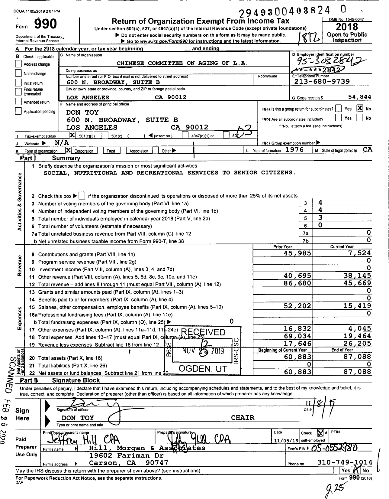 Image of first page of 2018 Form 990 for Chinese Committee on Again of L A