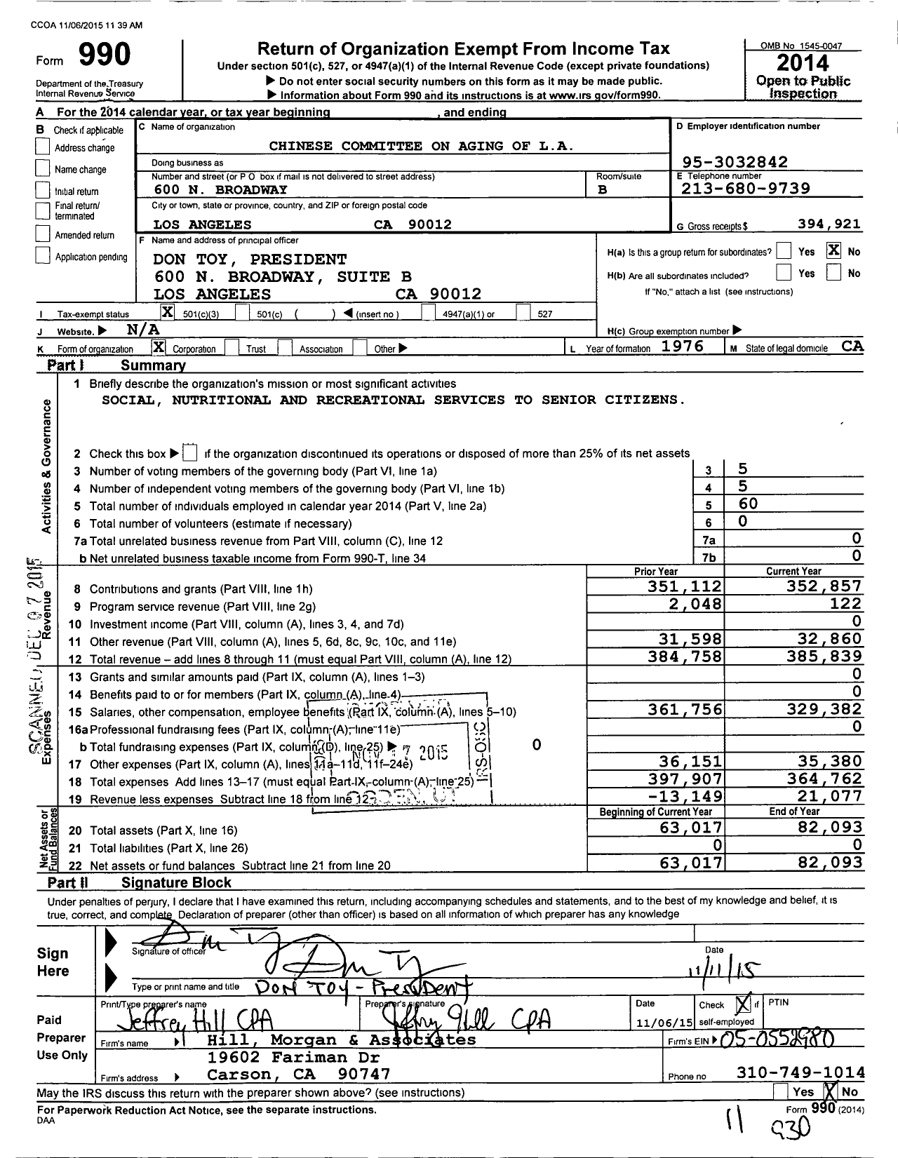 Image of first page of 2014 Form 990 for Chinese Committee on Again of L A