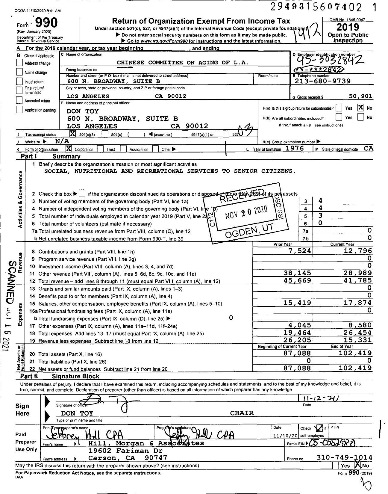 Image of first page of 2019 Form 990 for Chinese Committee on Again of L A