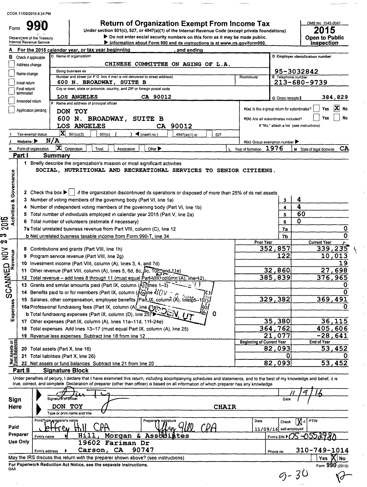 Image of first page of 2015 Form 990 for Chinese Committee on Again of L A