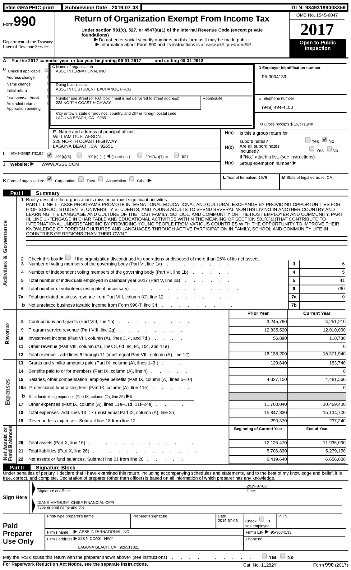 Image of first page of 2017 Form 990 for Asse International Student Exchange Programs