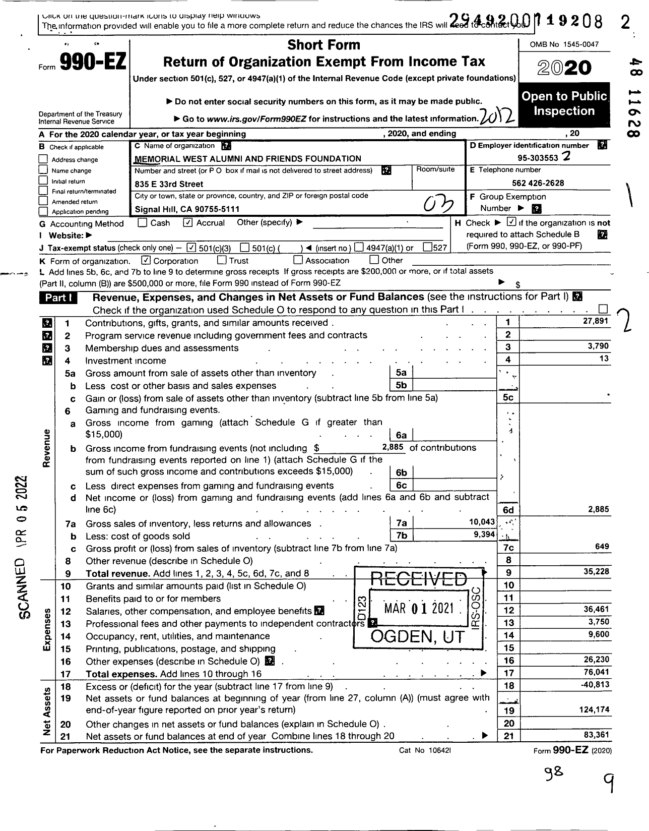 Image of first page of 2020 Form 990EZ for Memorial West Alumni and Friends Foundation