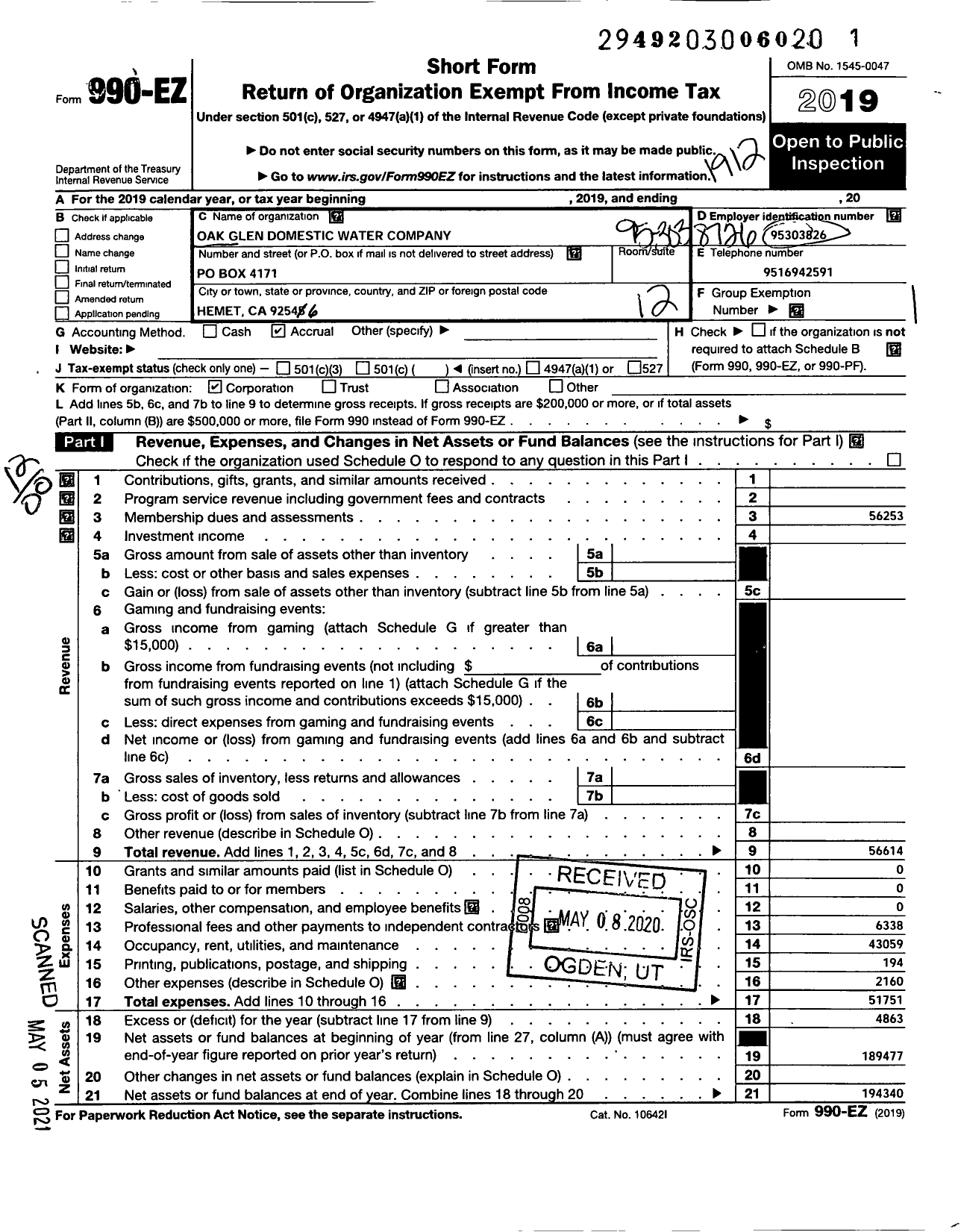 Image of first page of 2019 Form 990EO for Oak Glen Domestic Water Company