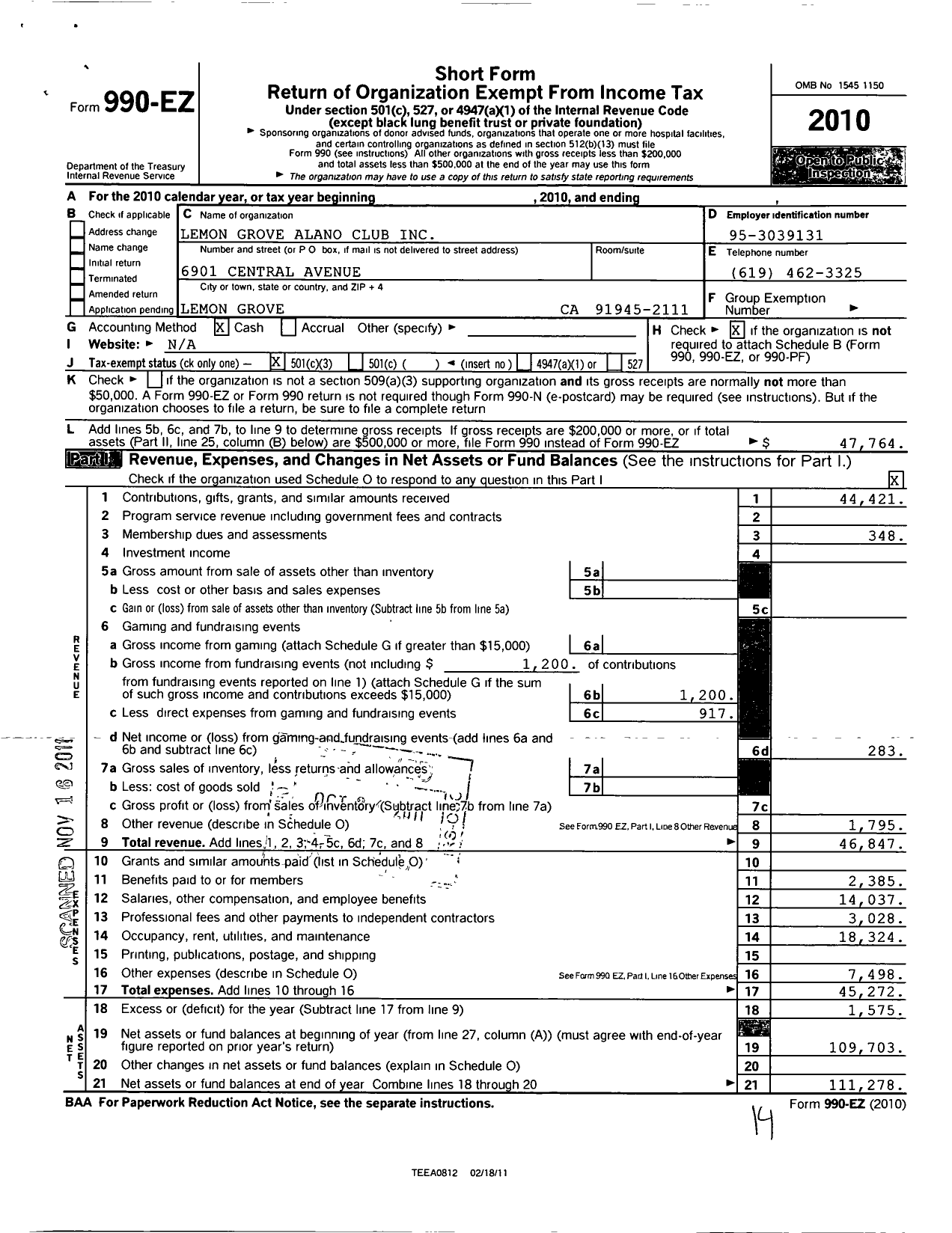 Image of first page of 2010 Form 990EZ for Lemon Grove Alano Club