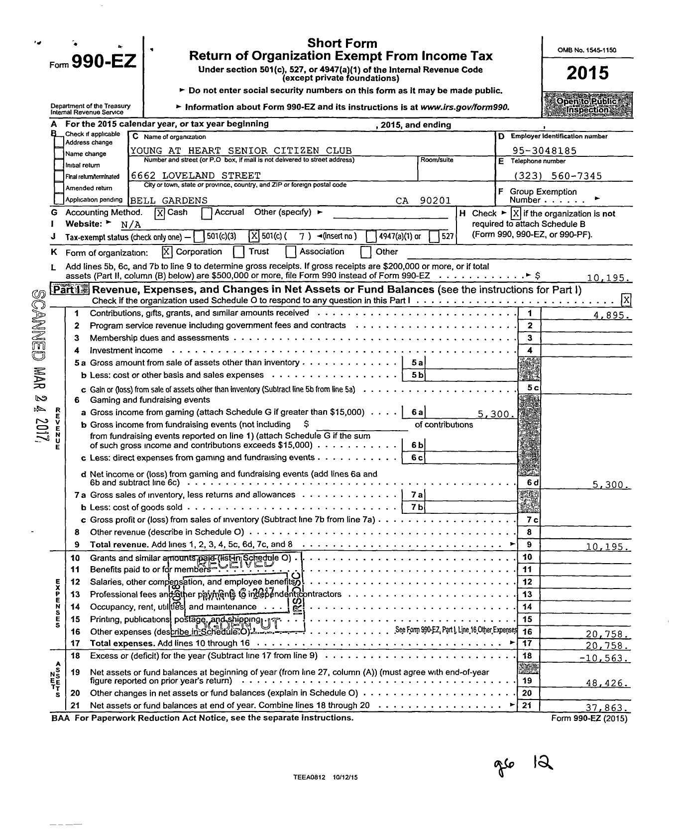 Image of first page of 2015 Form 990EO for Young at Heart Senior Citizen Club