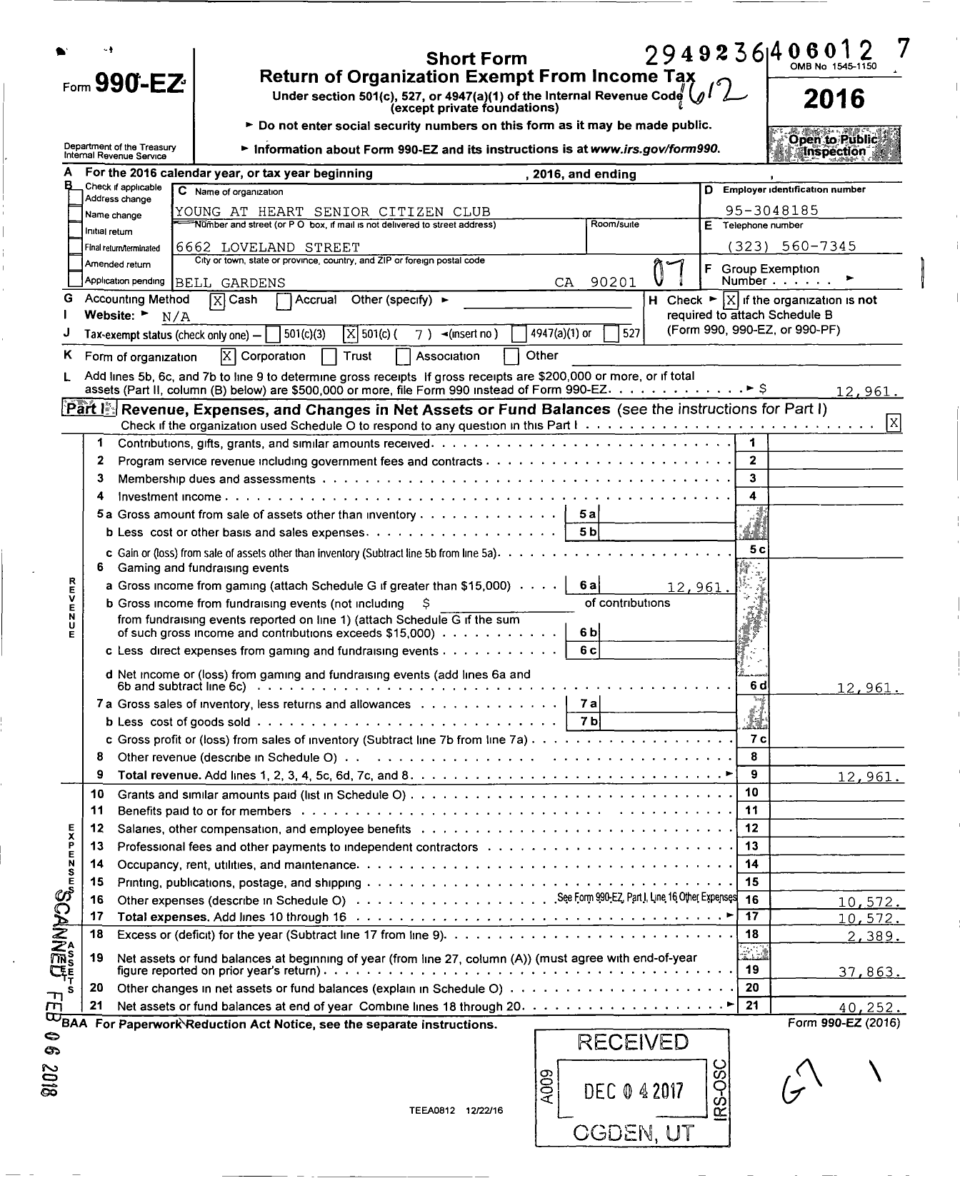 Image of first page of 2016 Form 990EO for Young at Heart Senior Citizen Club