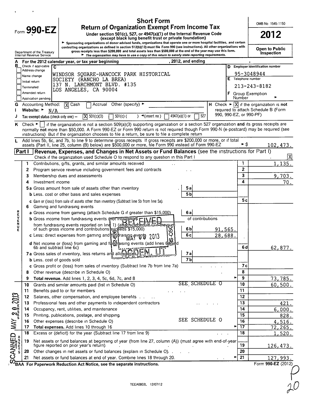 Image of first page of 2012 Form 990EZ for Windsor Square - Hancock Park Historical Society