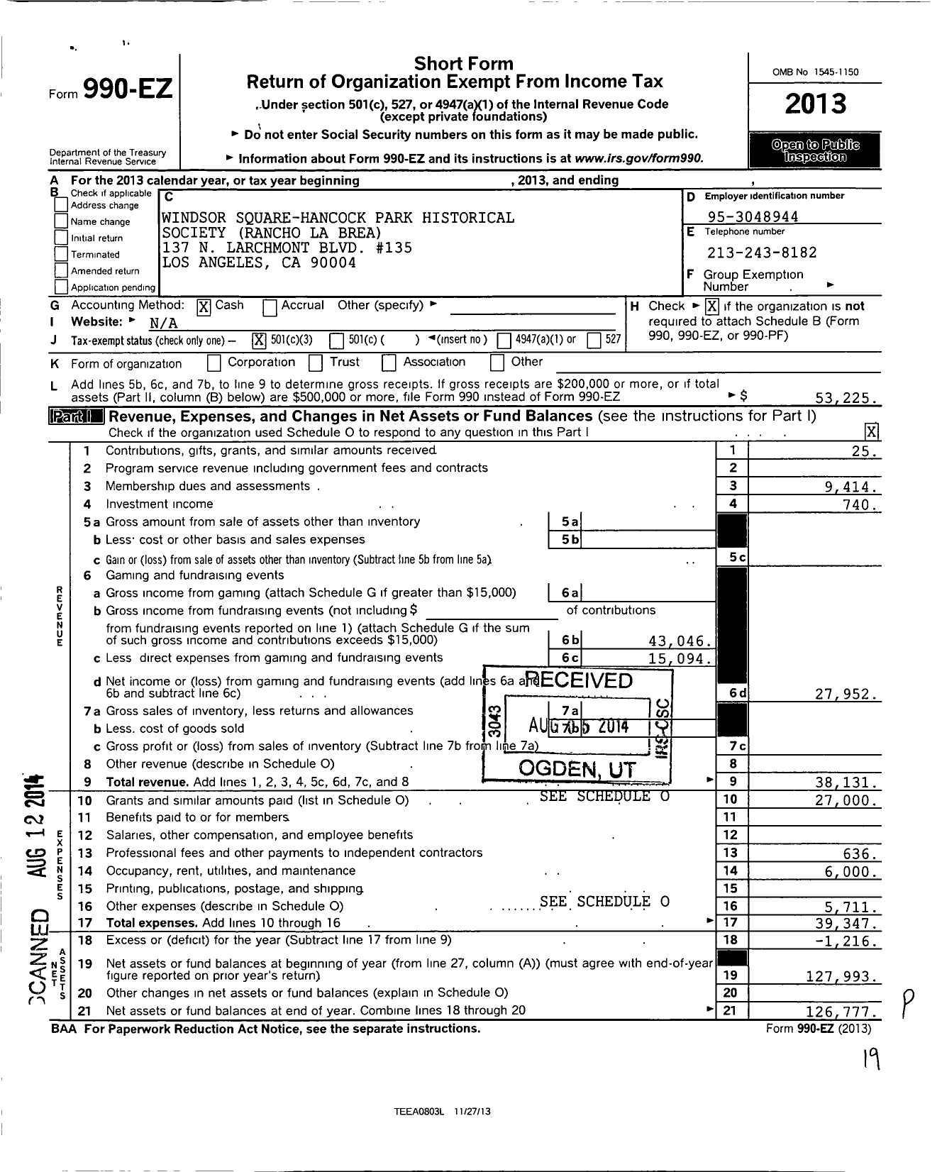 Image of first page of 2013 Form 990EZ for Windsor Square - Hancock Park Historical Society