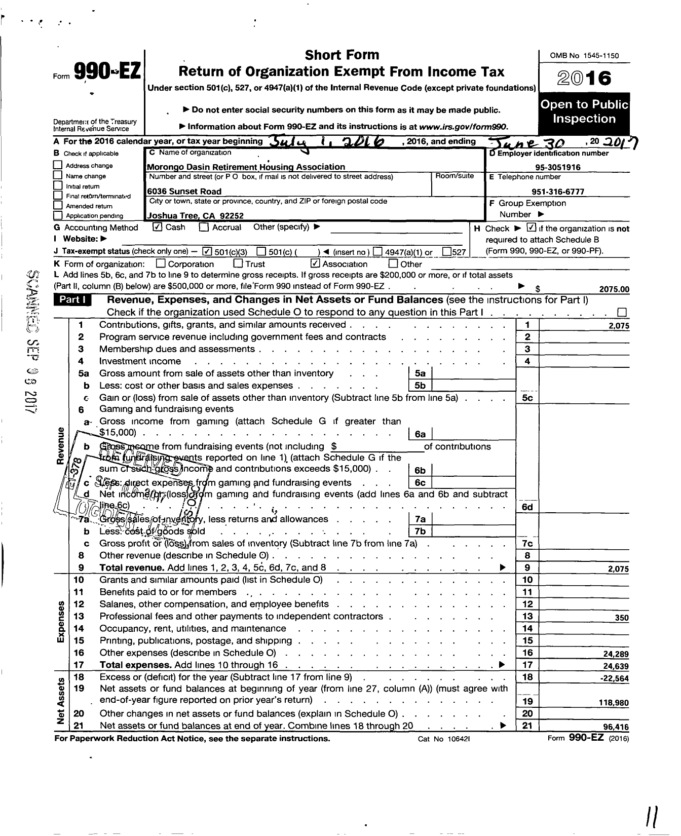 Image of first page of 2016 Form 990EZ for Affordable Housing and Veterans Services