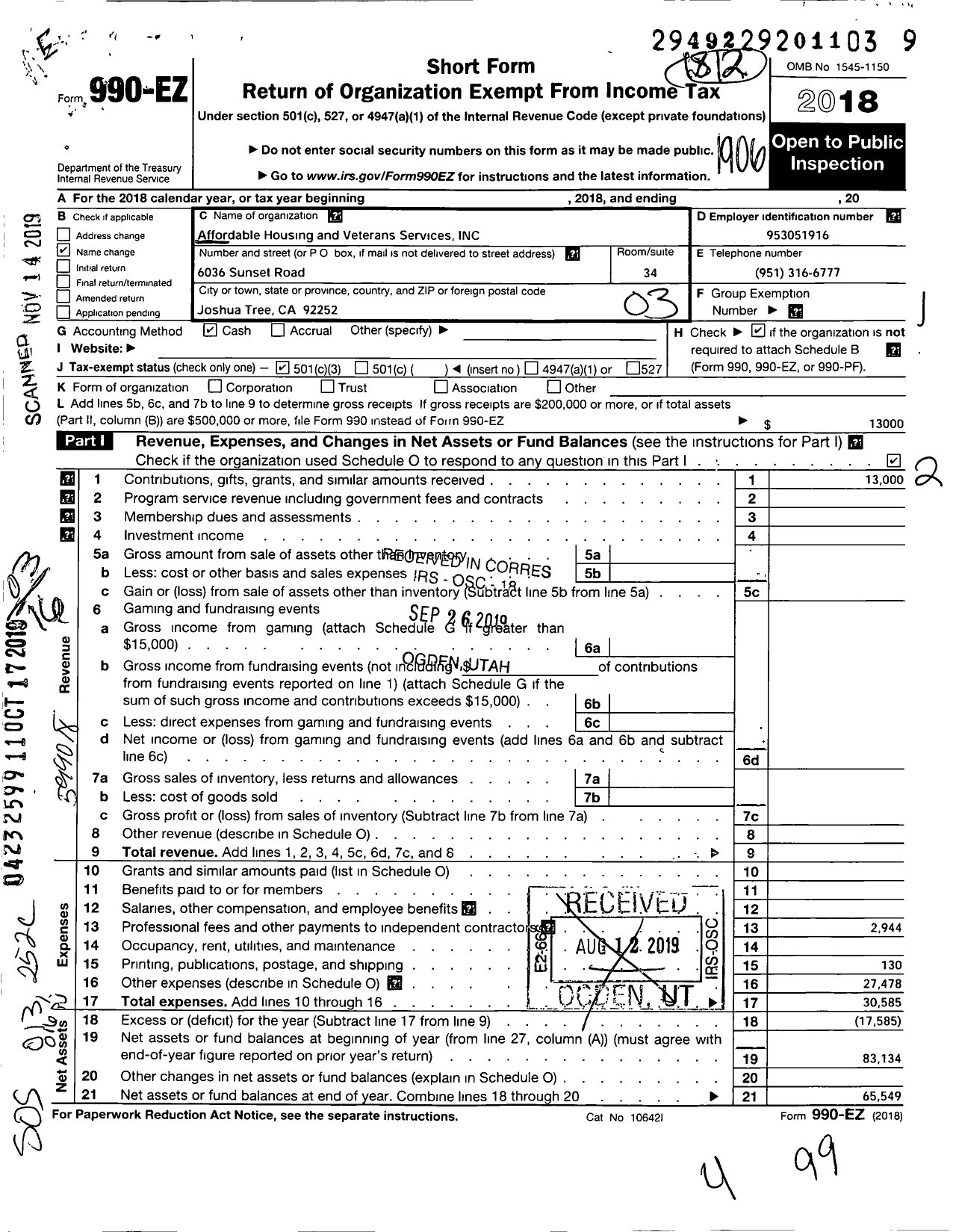 Image of first page of 2018 Form 990EZ for Affordable Housing and Veterans Services