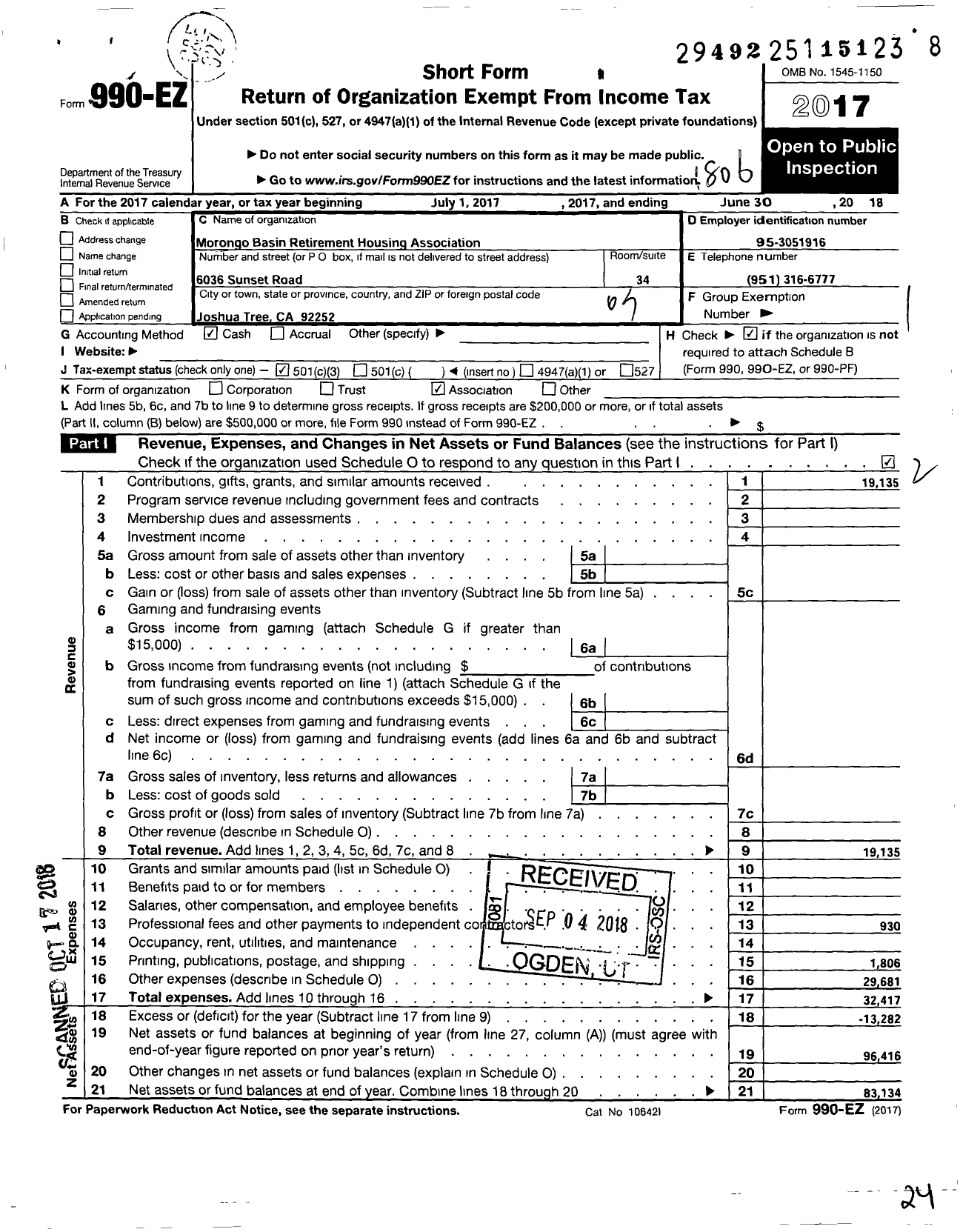 Image of first page of 2017 Form 990EZ for Affordable Housing and Veterans Services